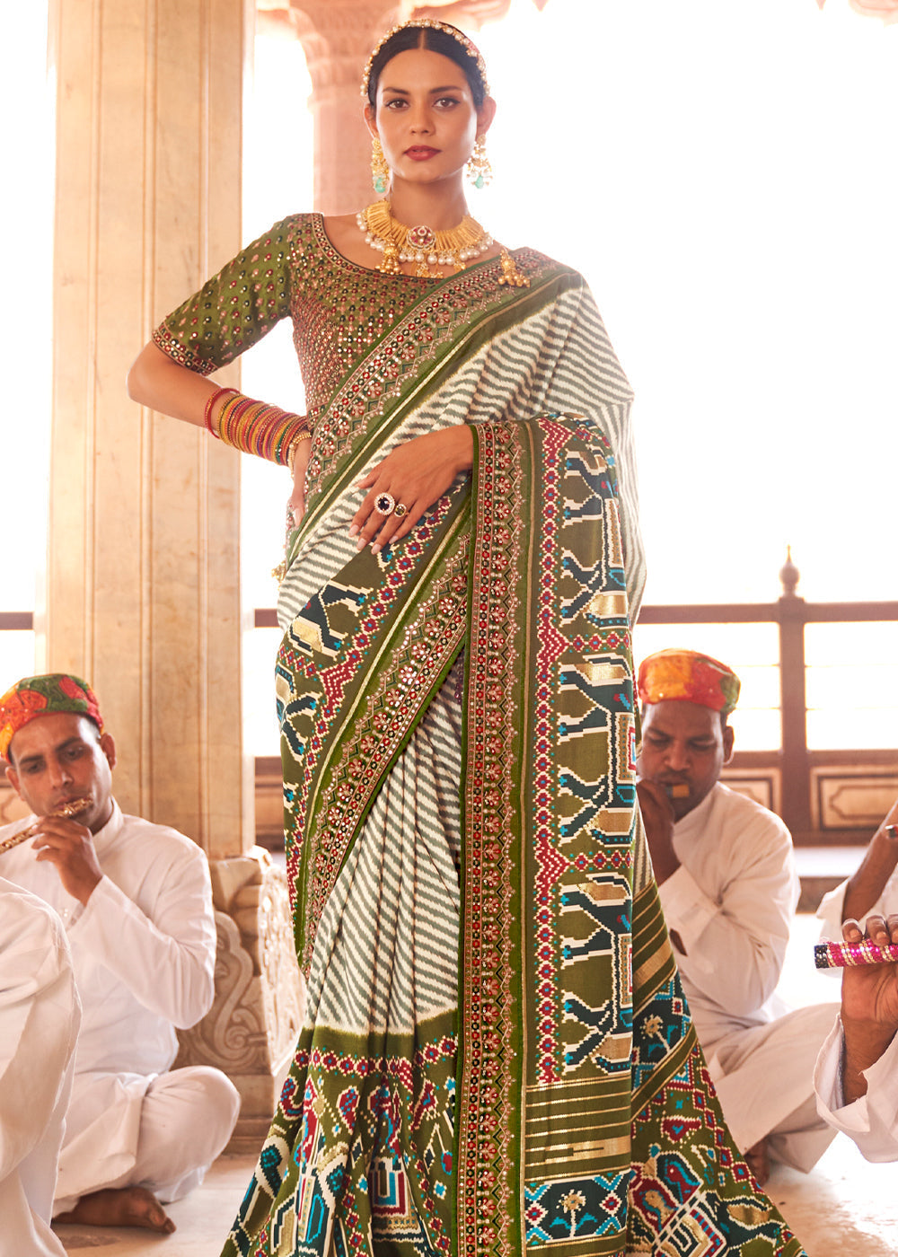 Sycamore Green and White White Woven Patola Saree