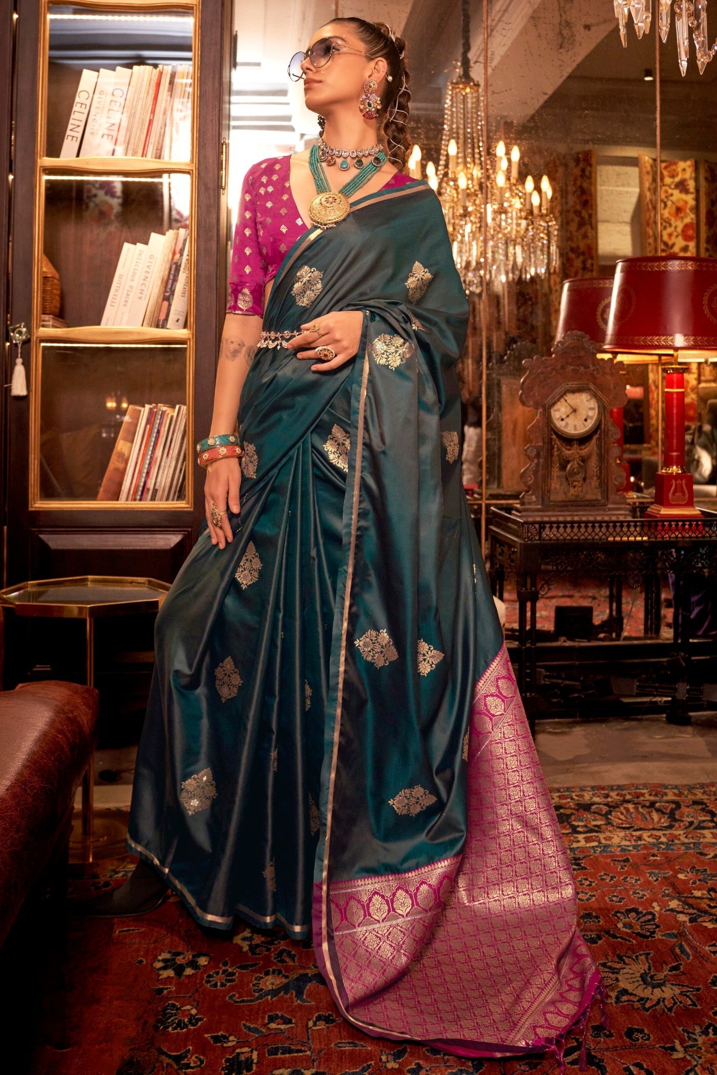 Bunker Green Banarasi Satin Saree