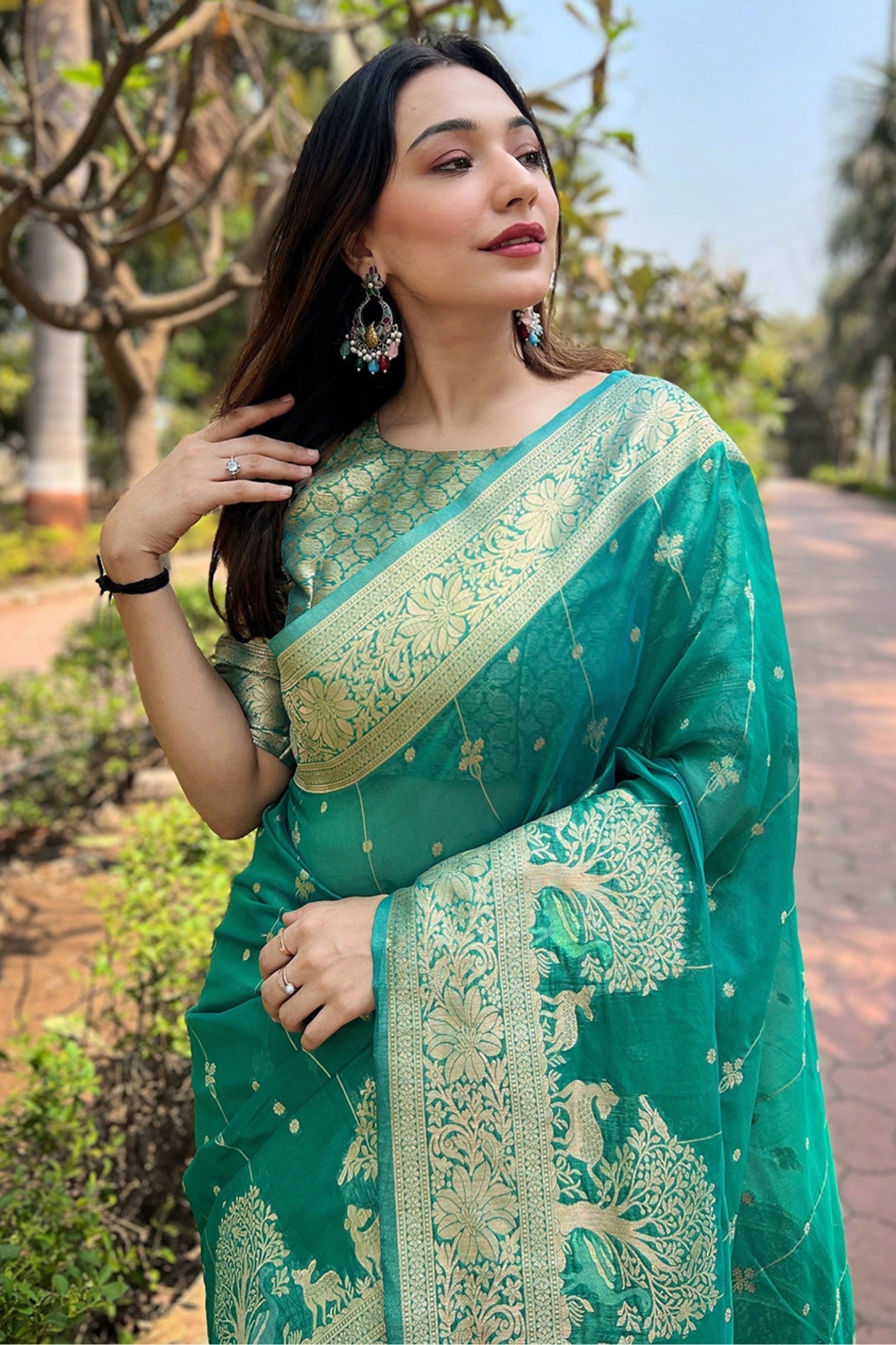 Roma Green Zari Woven Organza Saree