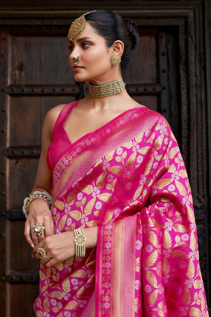 Hibiscus Pink Woven Banarasi Saree