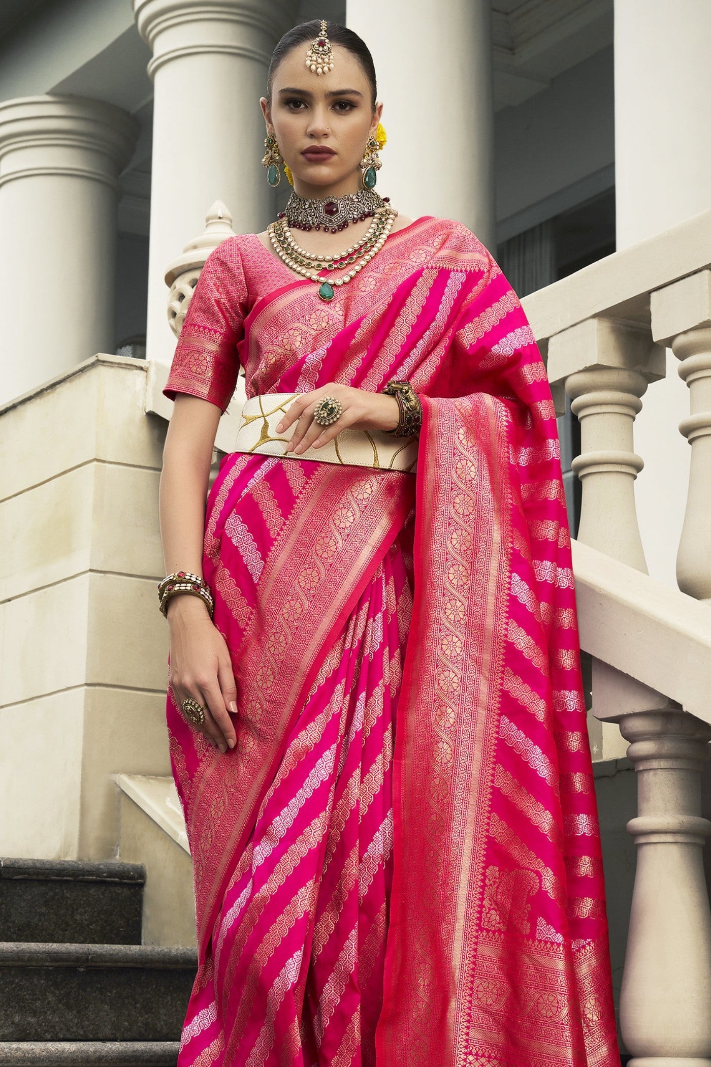 Chestnut Rose Pink Woven Banarasi Saree