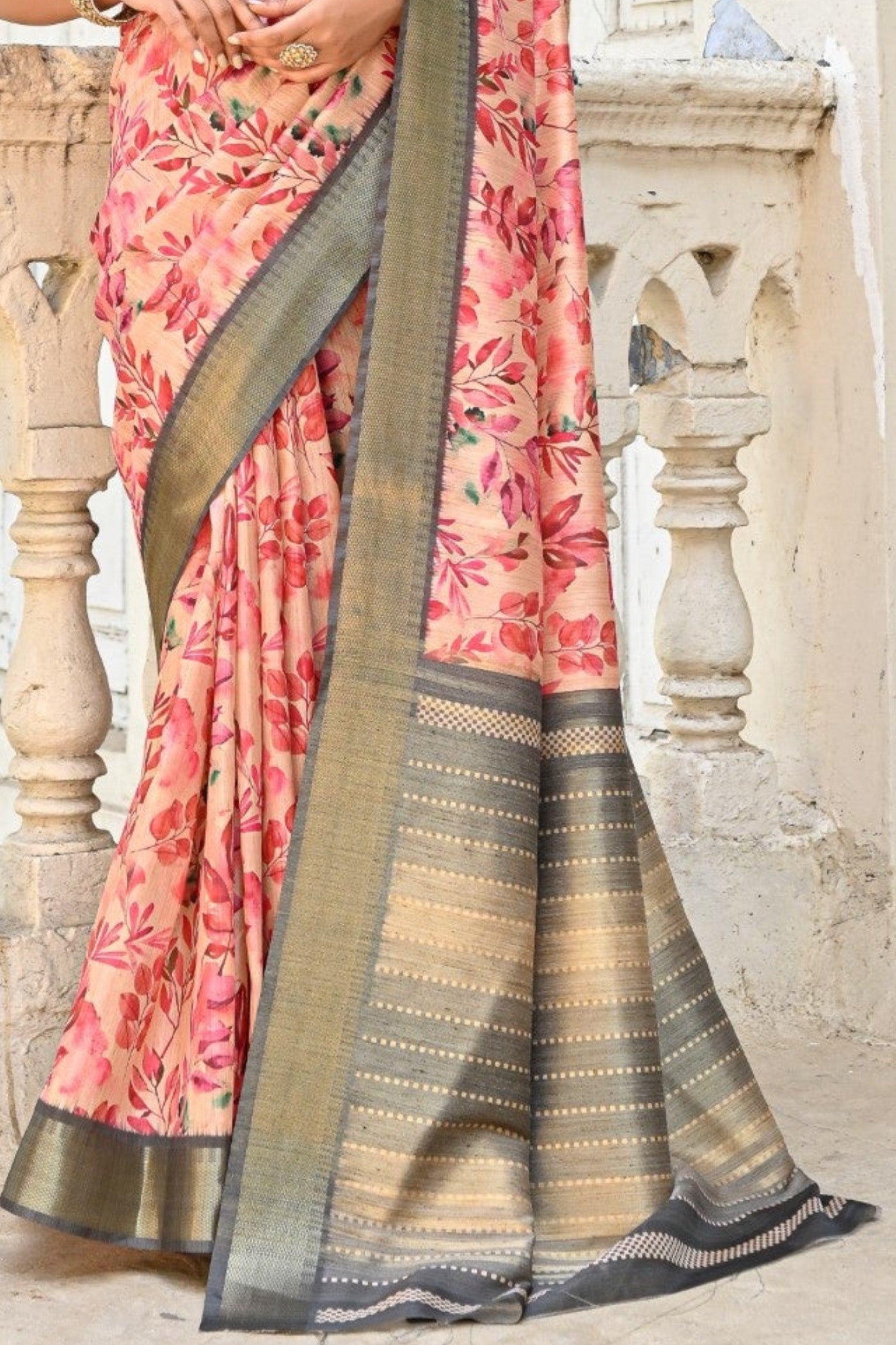 Tonys Peach Tussar Printed Silk Saree