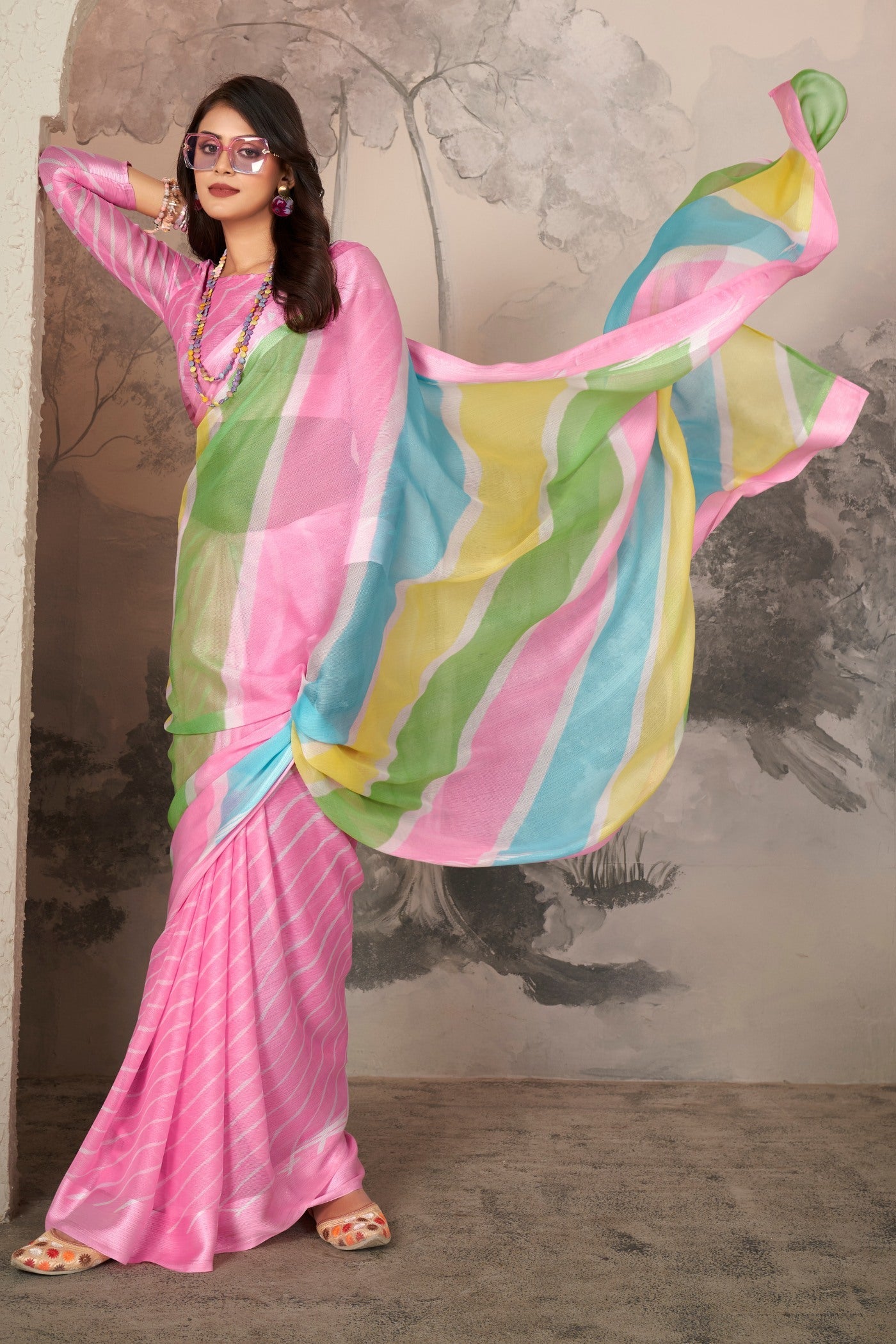 Cherry Blossom Pink Printed Satin Silk Saree