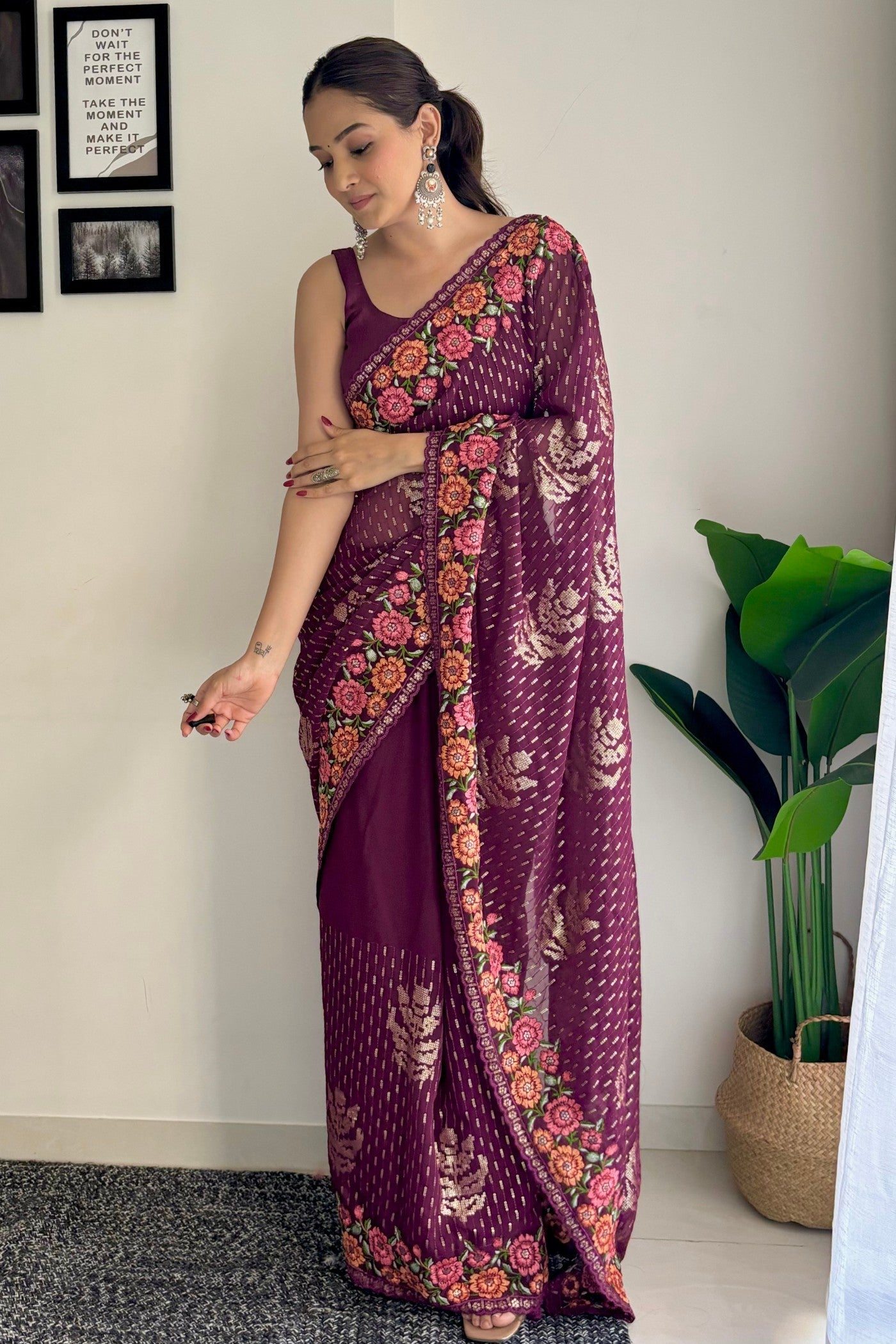 Wine Purple Embroidery Designer Georgette Saree