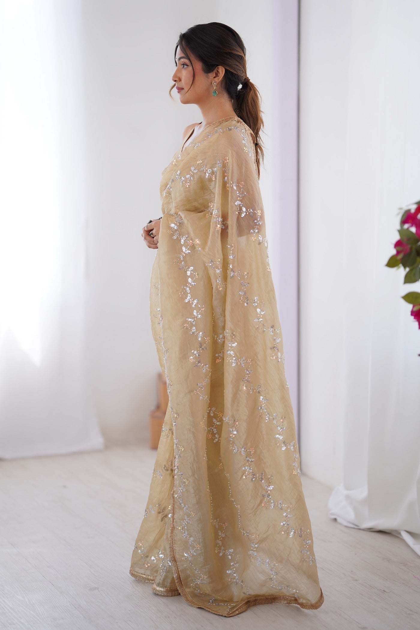 Almond Cream Designer Partywear Saree
