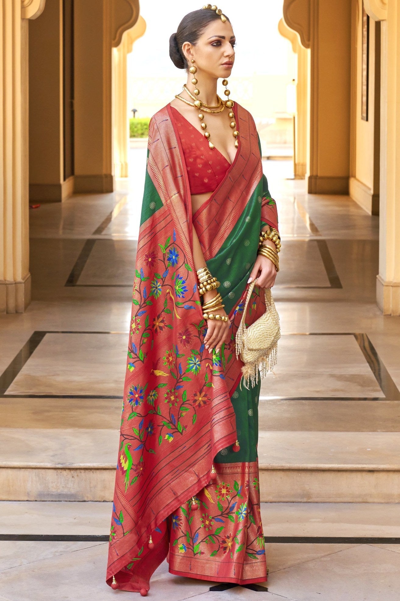 Forewst Green and Red Woven Paithani Designer Saree