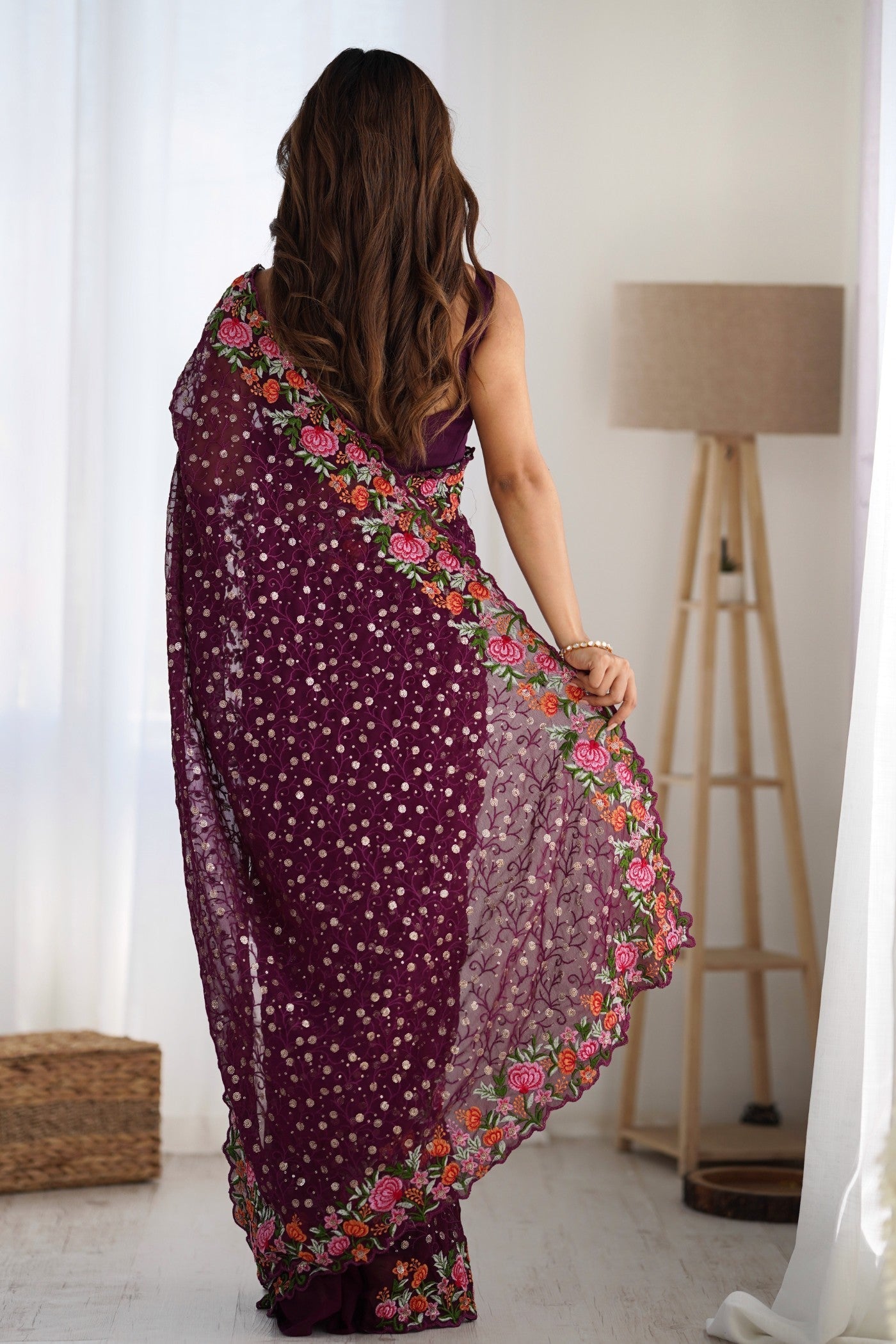 Wine Purple Embroidered Georgette Saree