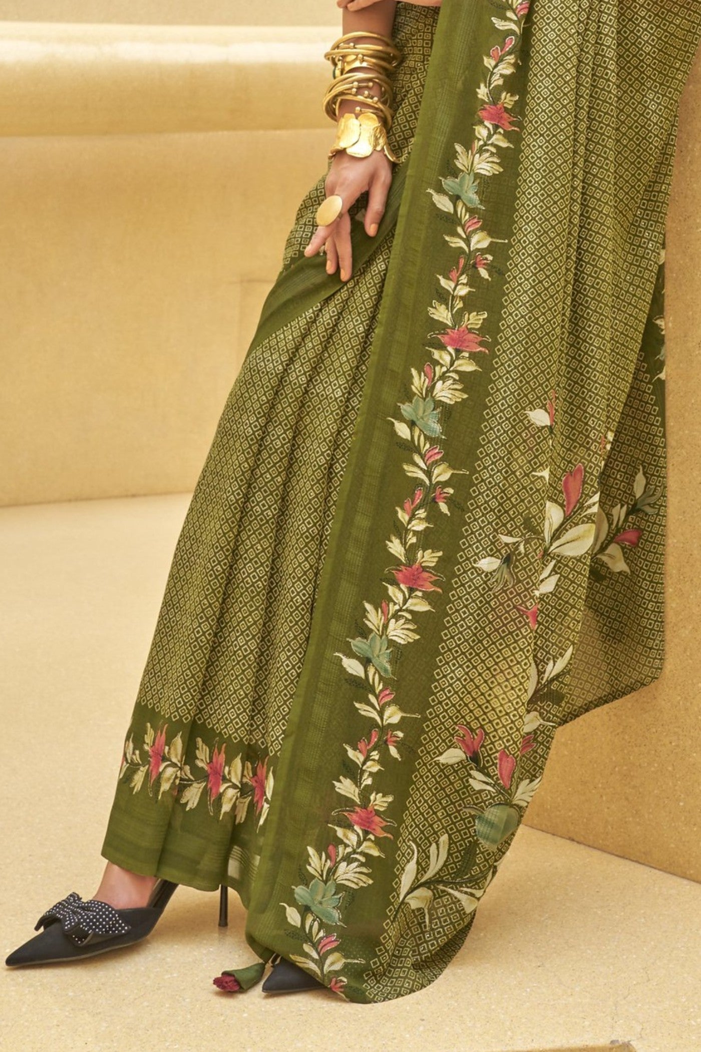 Pine Green Georgette Printed Saree