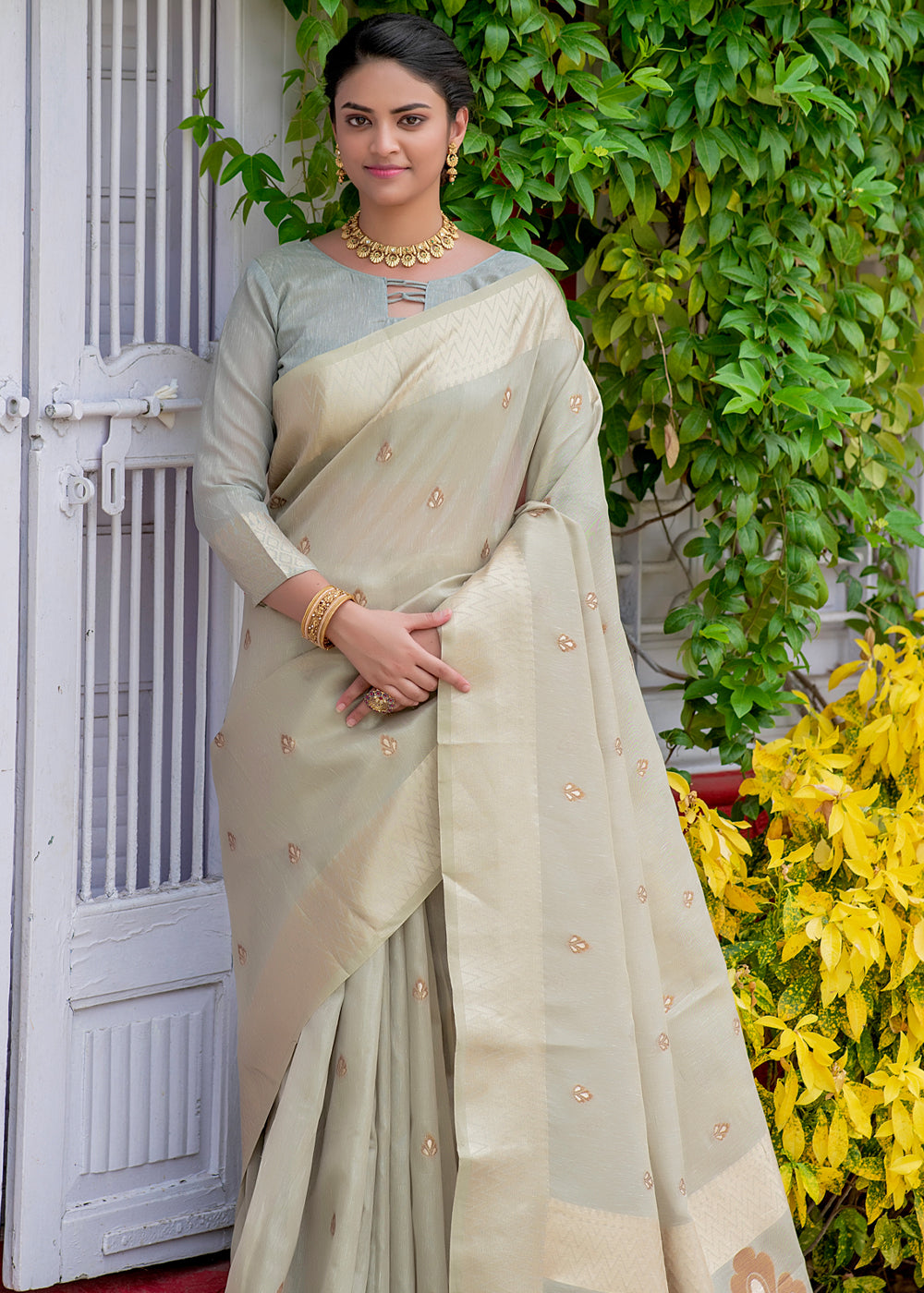 Soft Amber Grey Woven Banarasi Linen Silk Saree