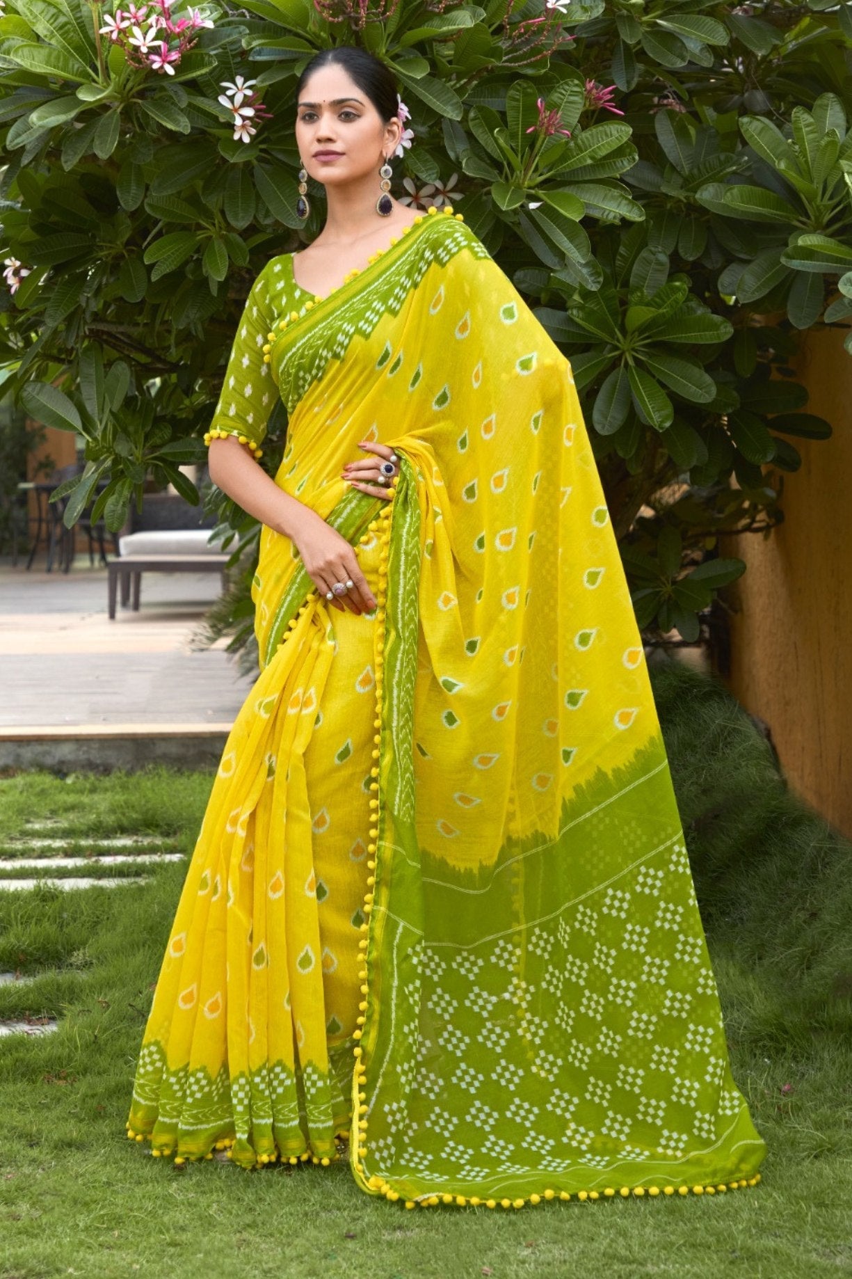 Lemon Yellow and Green Mul Mul Cotton Saree