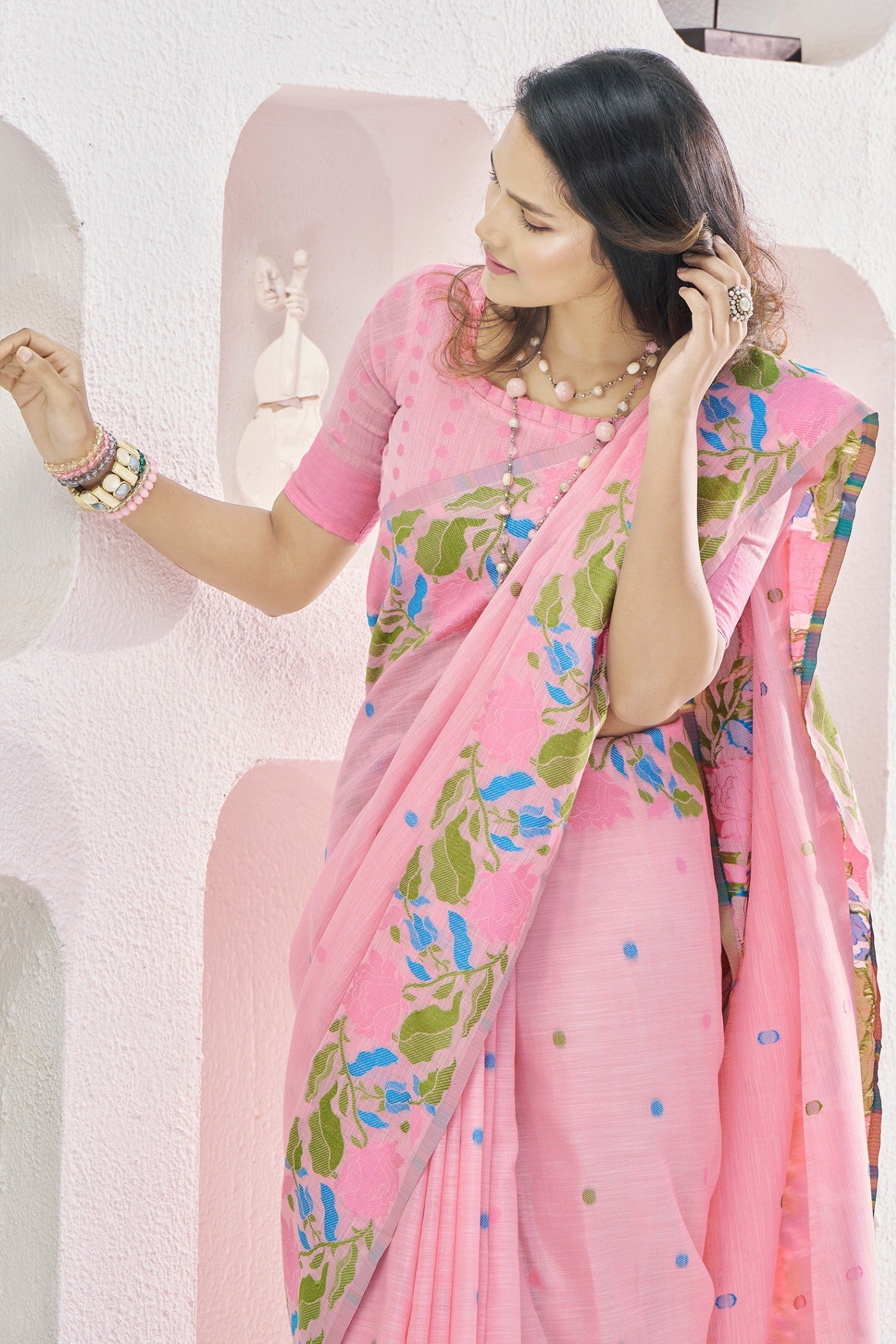 Carissma Pink Printed Linen Saree