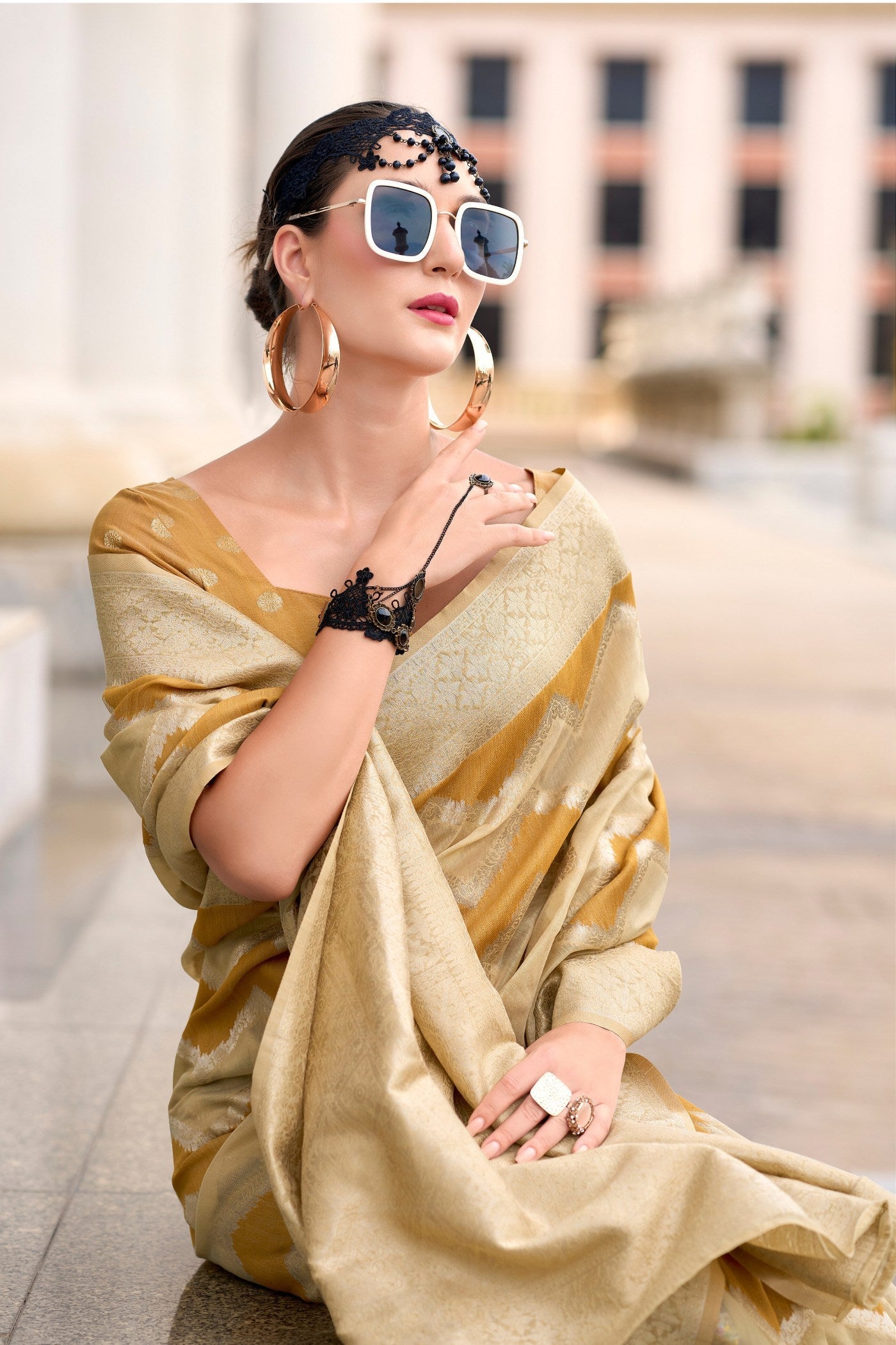 Copper Yellow Woven Linen Cotton Saree