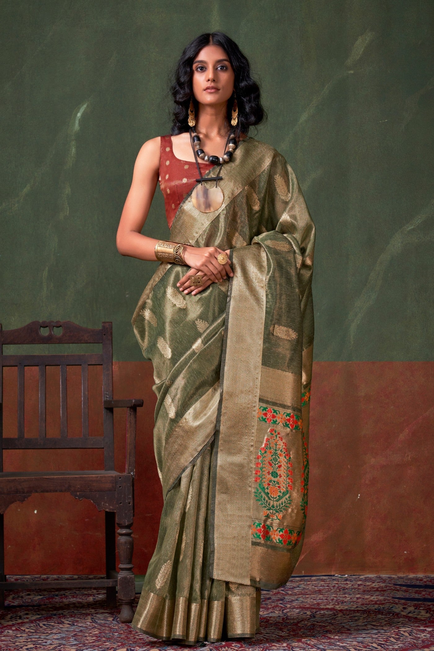 Millbrook Green Banarasi Handloom Saree