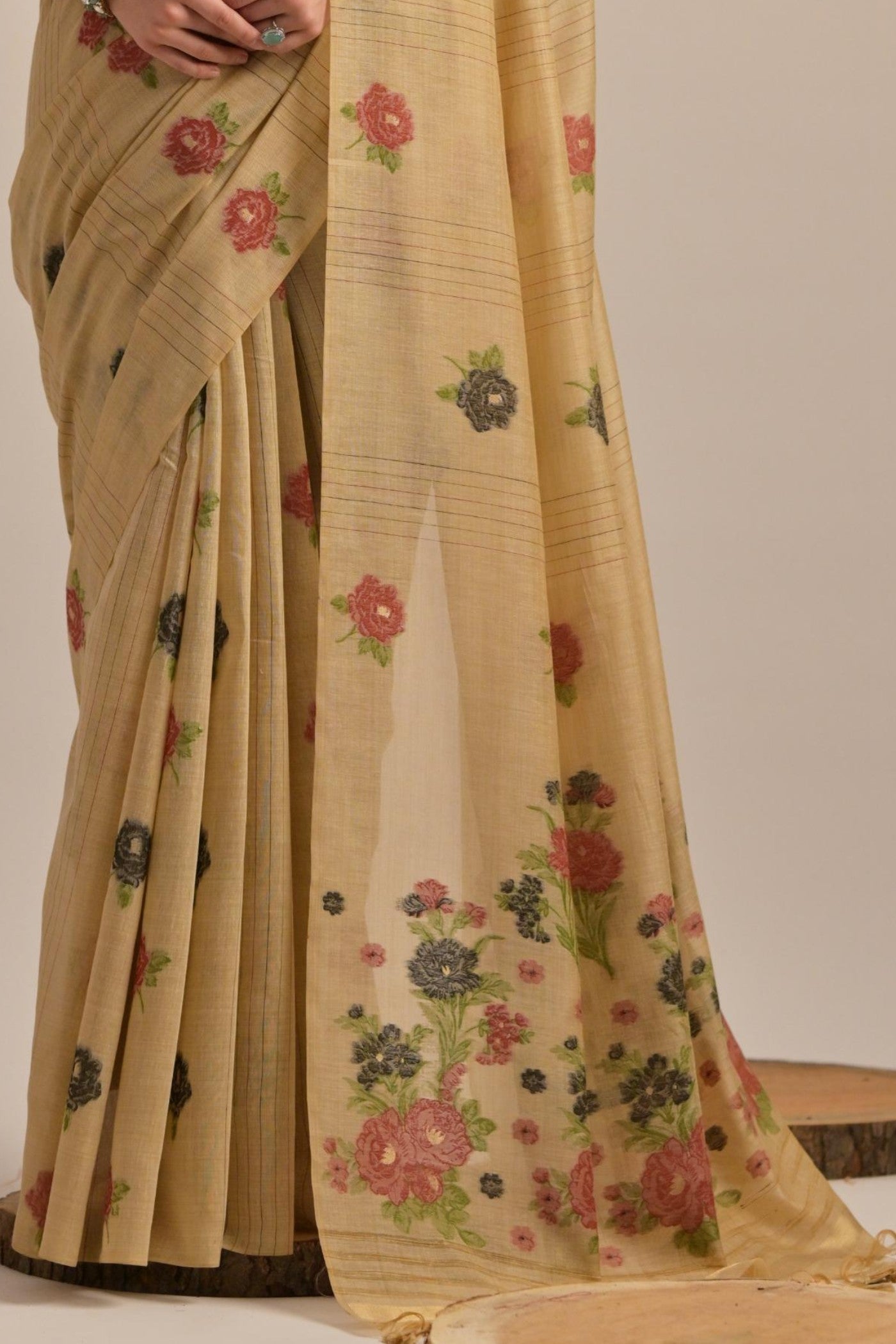 Mustard Yellow Floral Woven Muga Cotton Saree