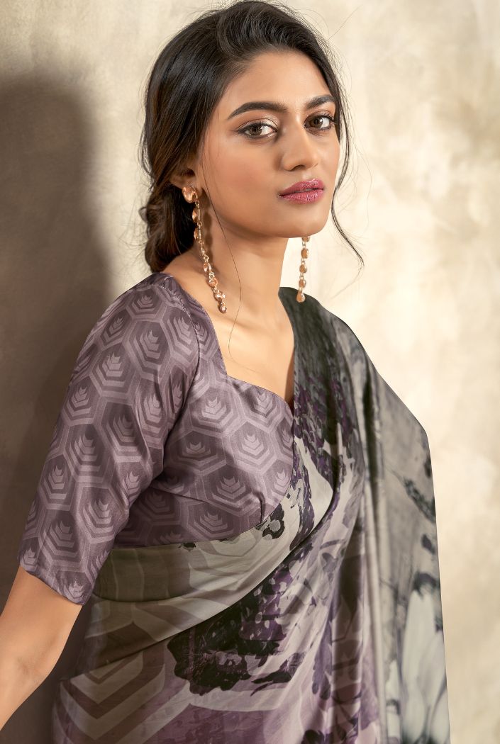 Mauve Purple and Grey Printed Satin Silk Saree