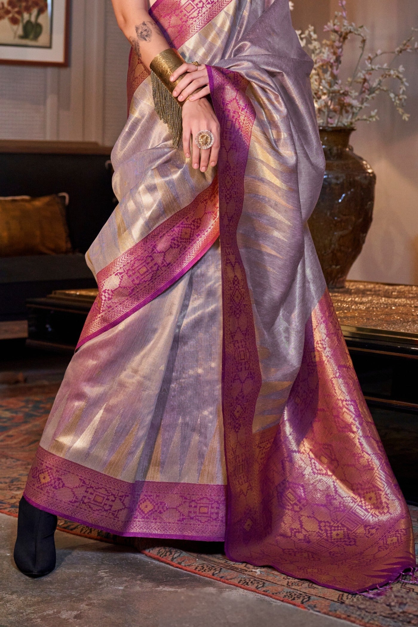 Silver Grey Woven Tissue Silk Saree