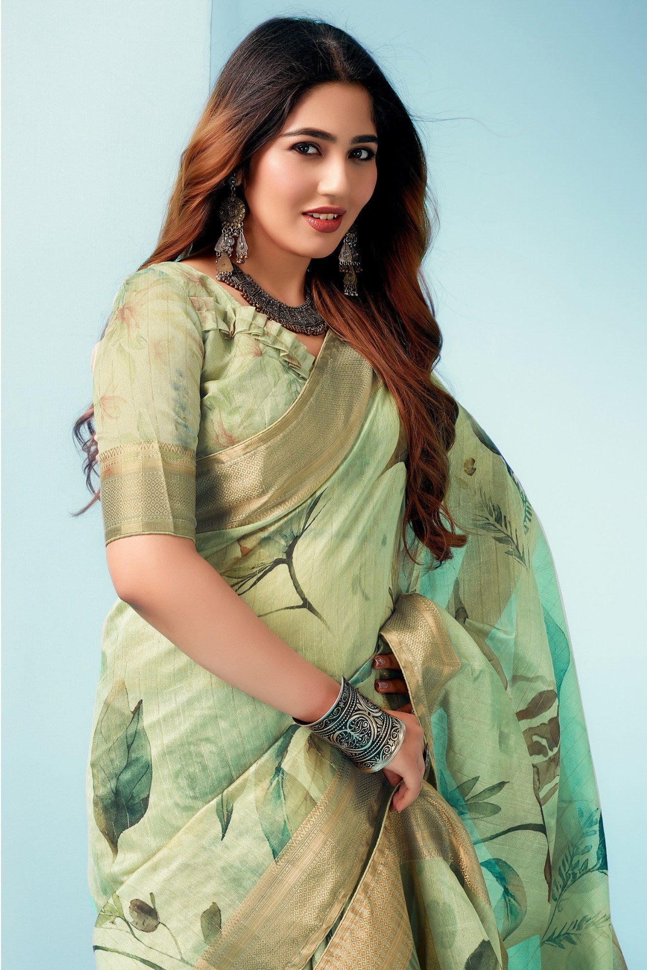 Green Mist Floral Linen Saree