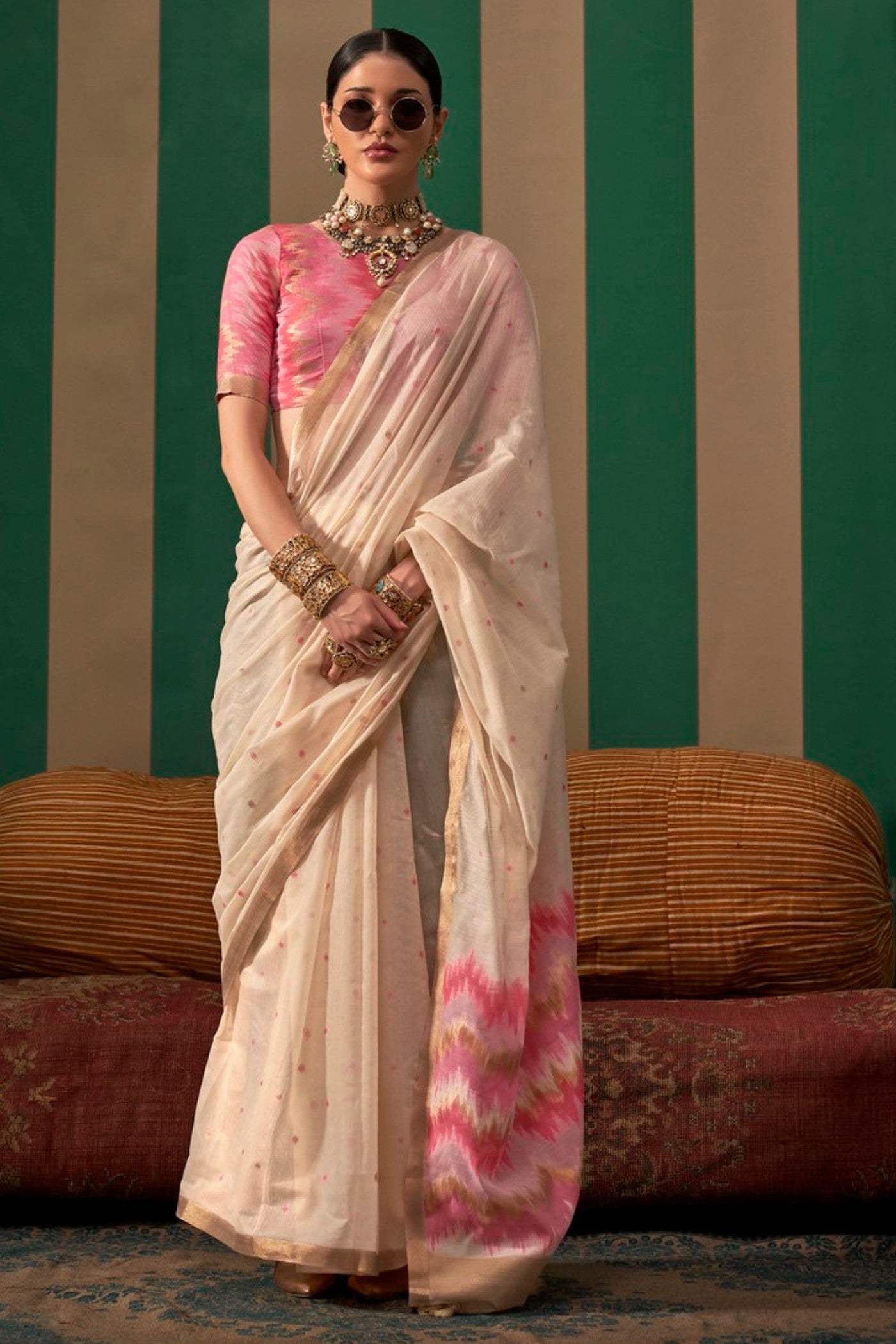 Cashmere Cream Handloom Linen Saree