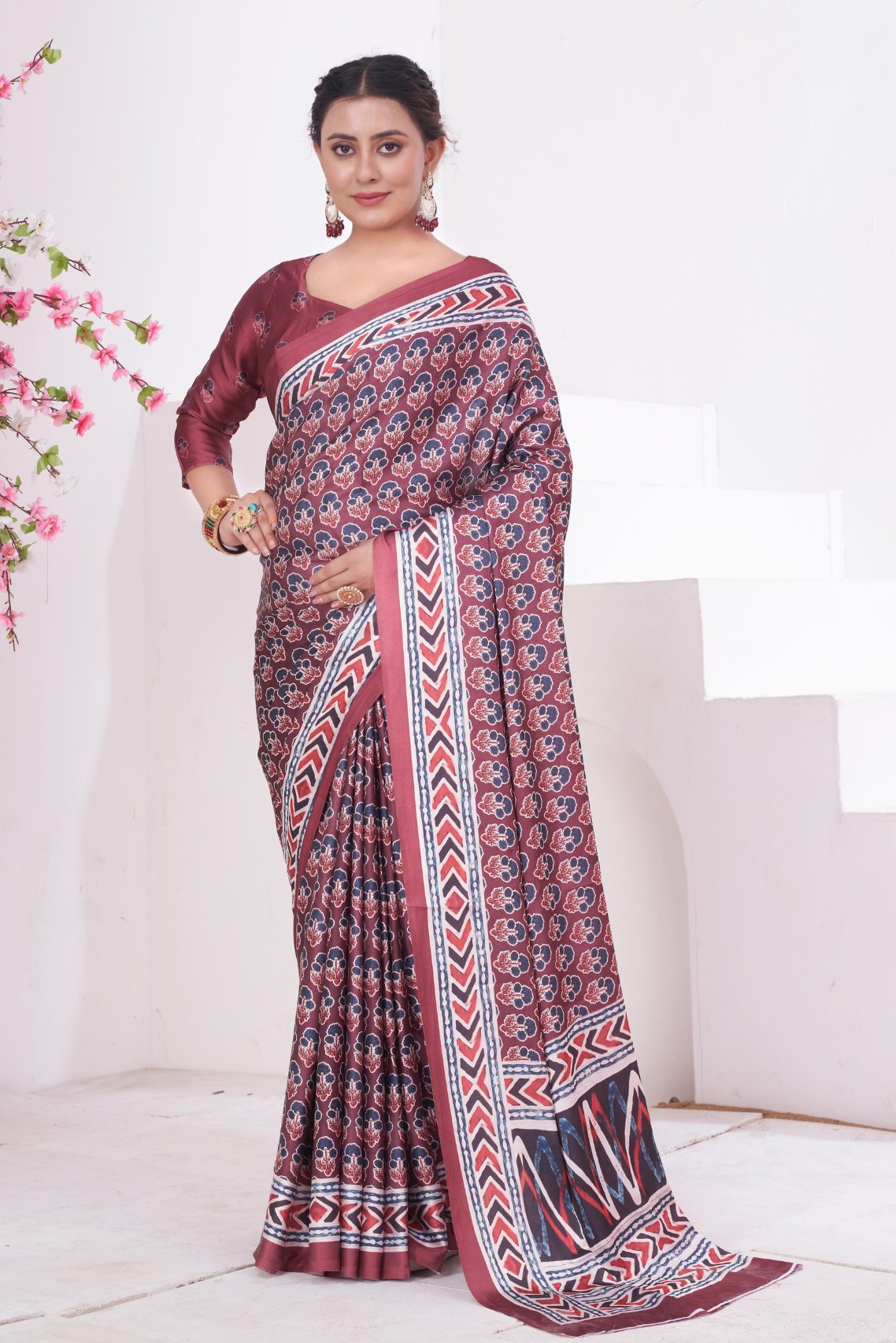 Copper Rose Brown Ajrakh Printed Satin Crepe Saree