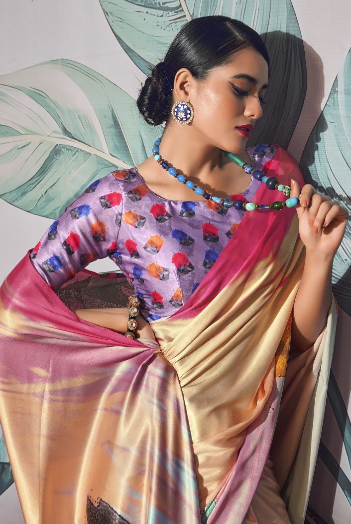 Multicolor Cream Printed Satin Silk Saree