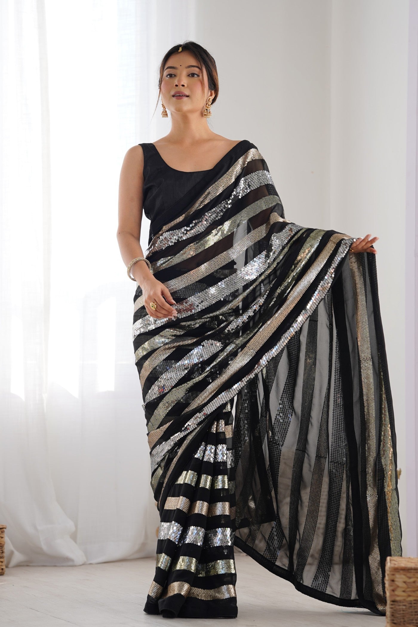 Stone Black Georgette Partywear Saree