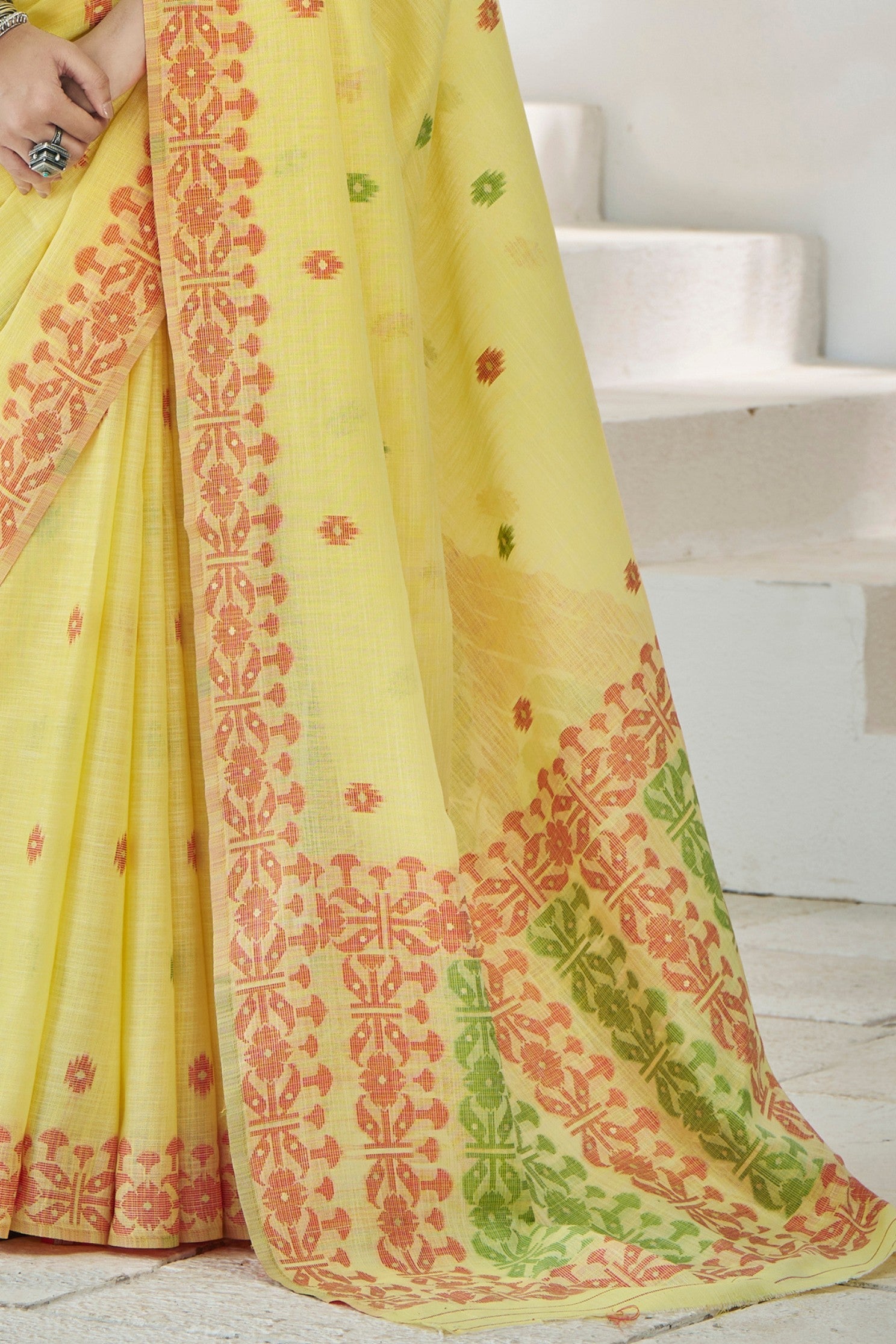 Laser Yellow Woven Linen Saree