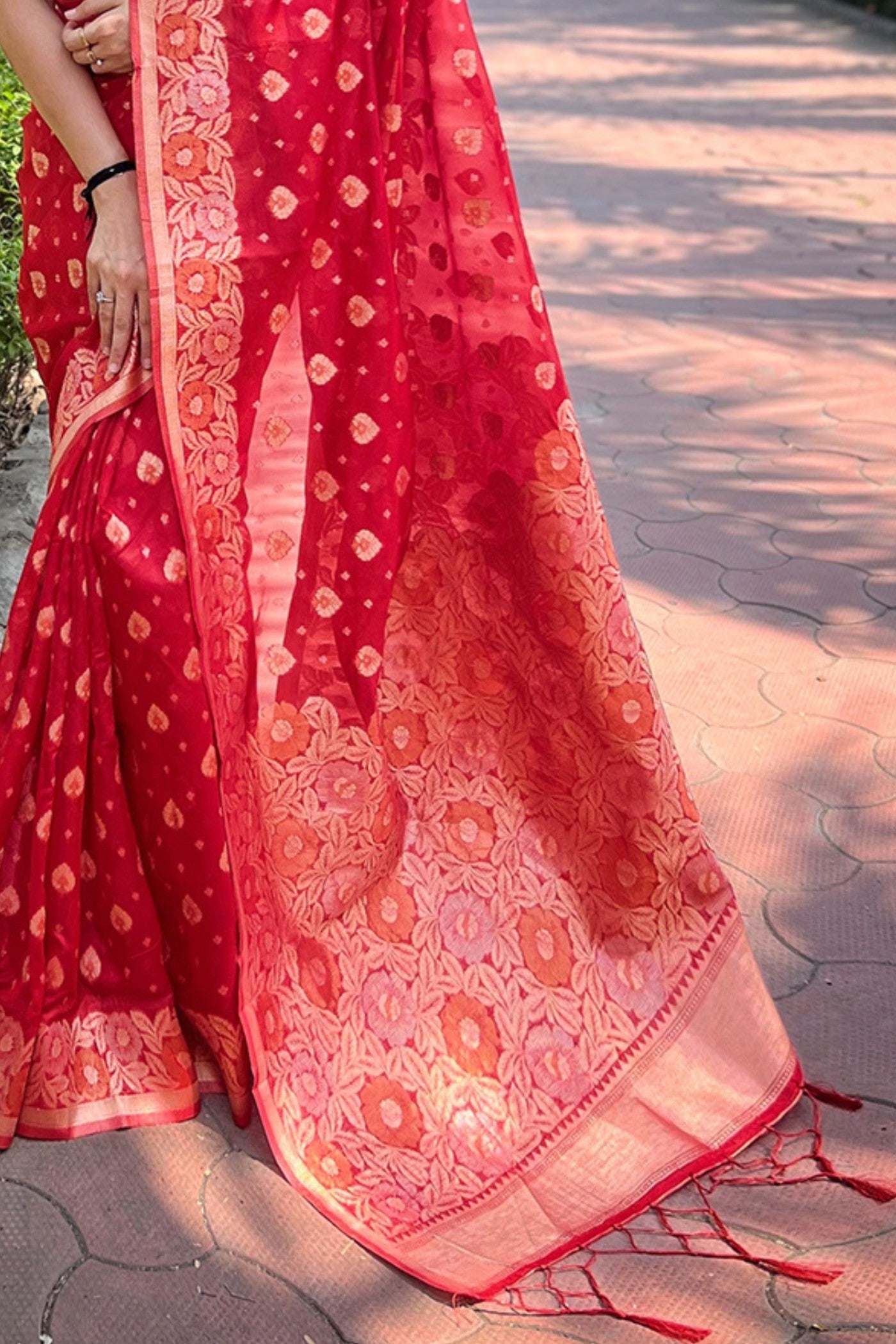 Crimson Red Zari Woven Organza Saree