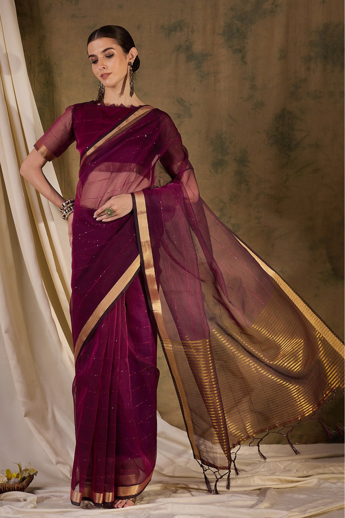 Americano Brown Woven Organza Saree