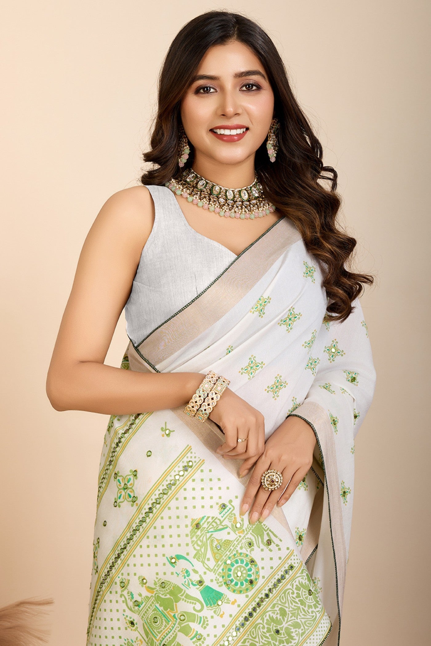 Swiss White and Green Printed Cotton Designer Saree