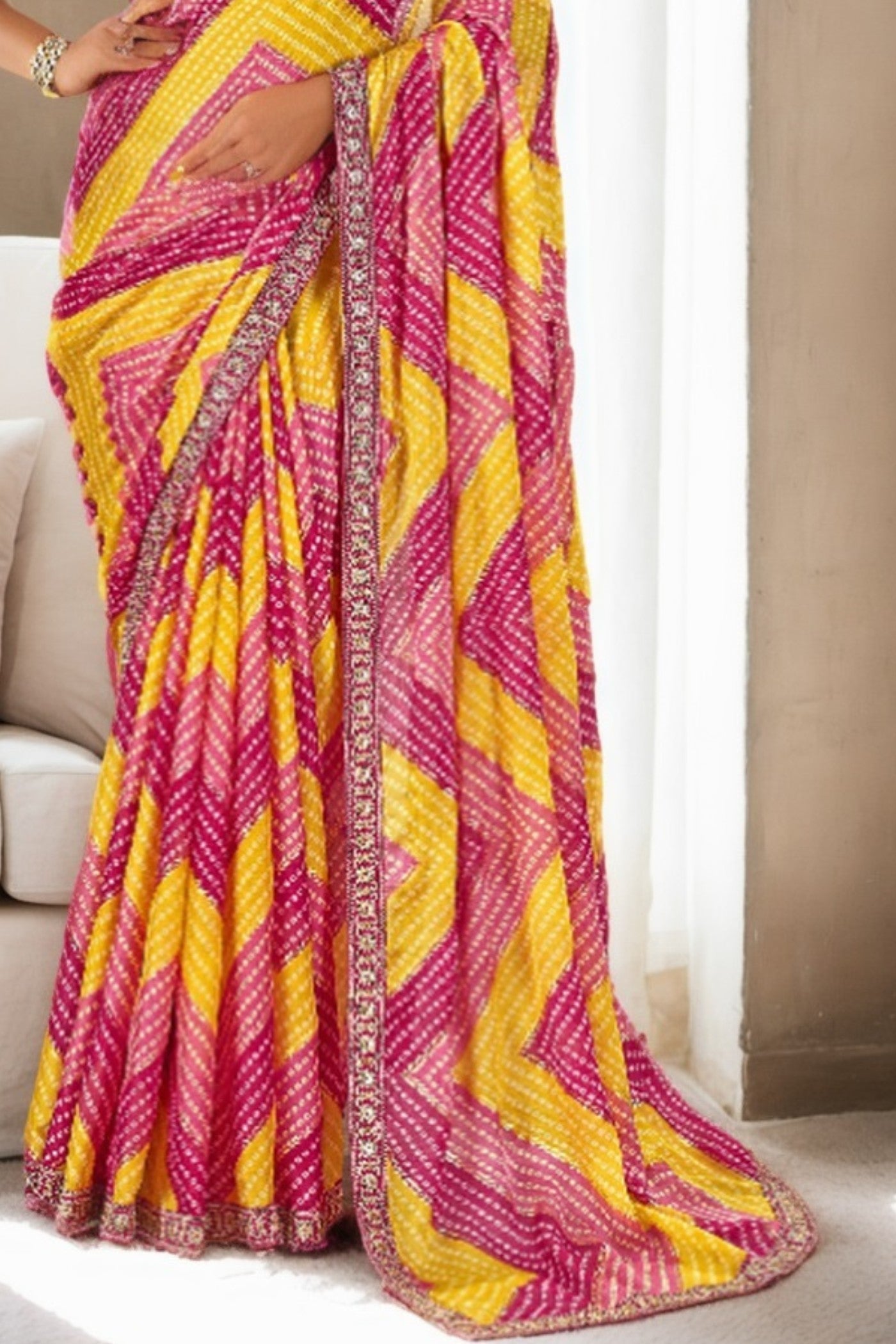 Zest Yellow and Pink Bandhani Digital Printed Silk Saree