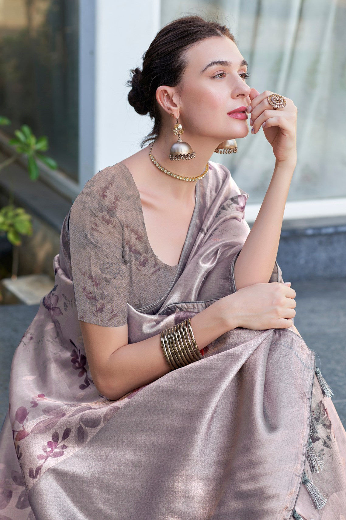 Twilight Grey Digital Printed Organza Saree