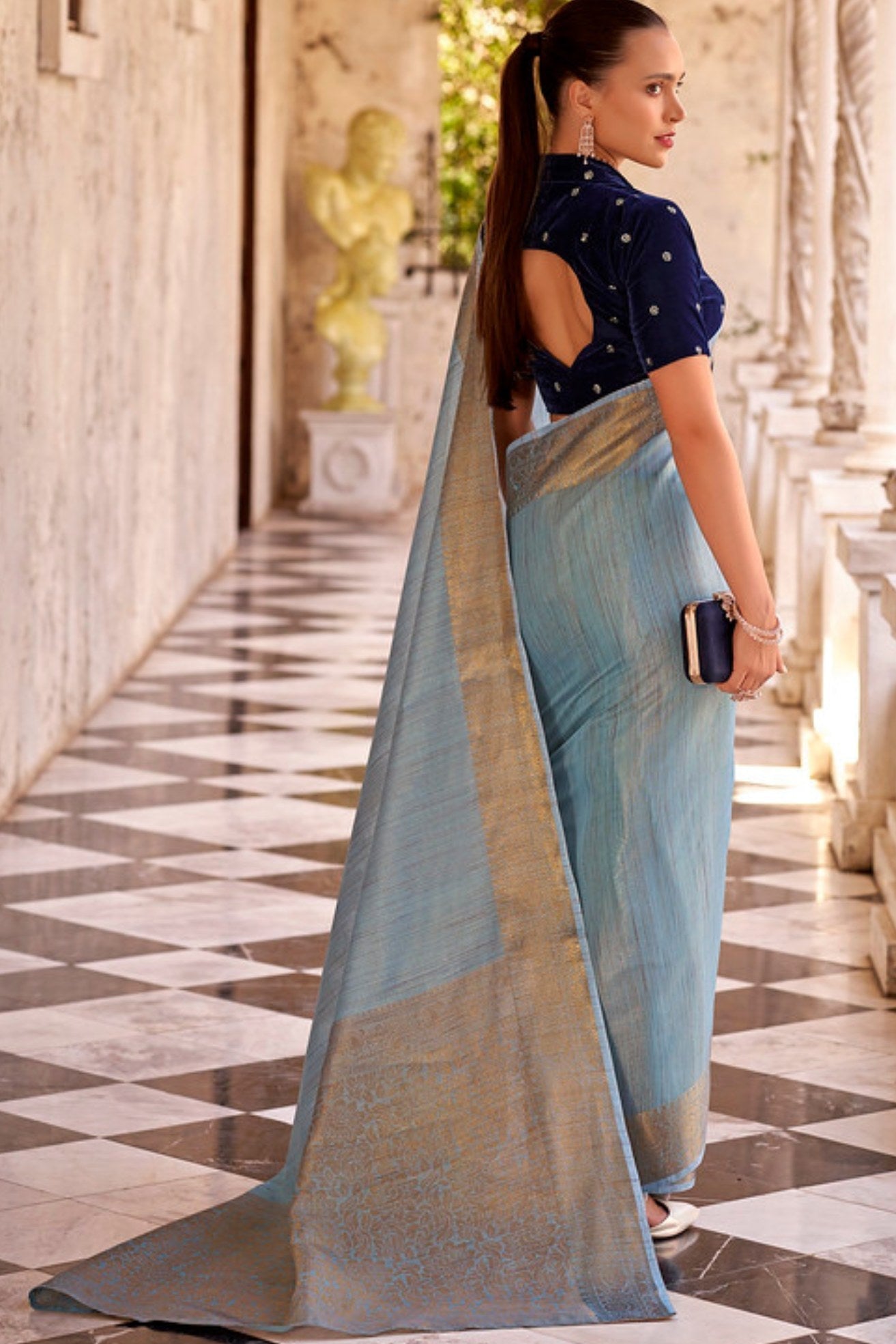 Pale Sky Blue Zari Woven Linen Saree