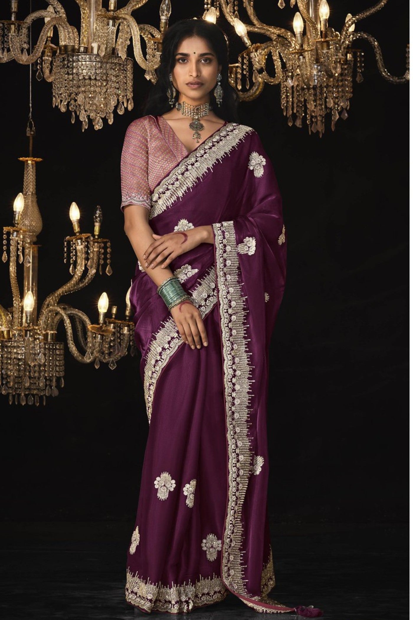 Boysenberry Purple Tissue Embroidered Designer Saree