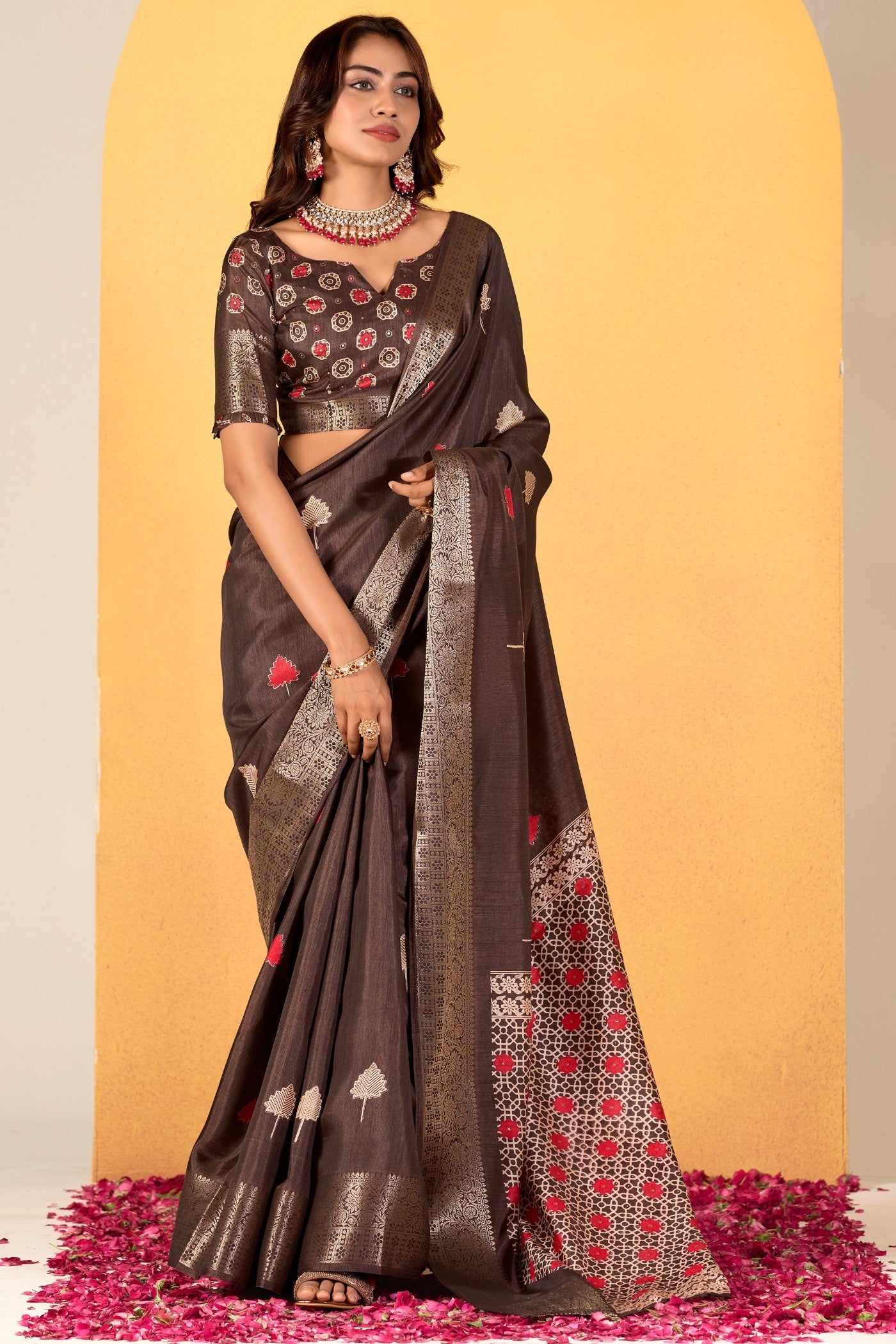 Caramel Brown Woven Dola Silk Saree