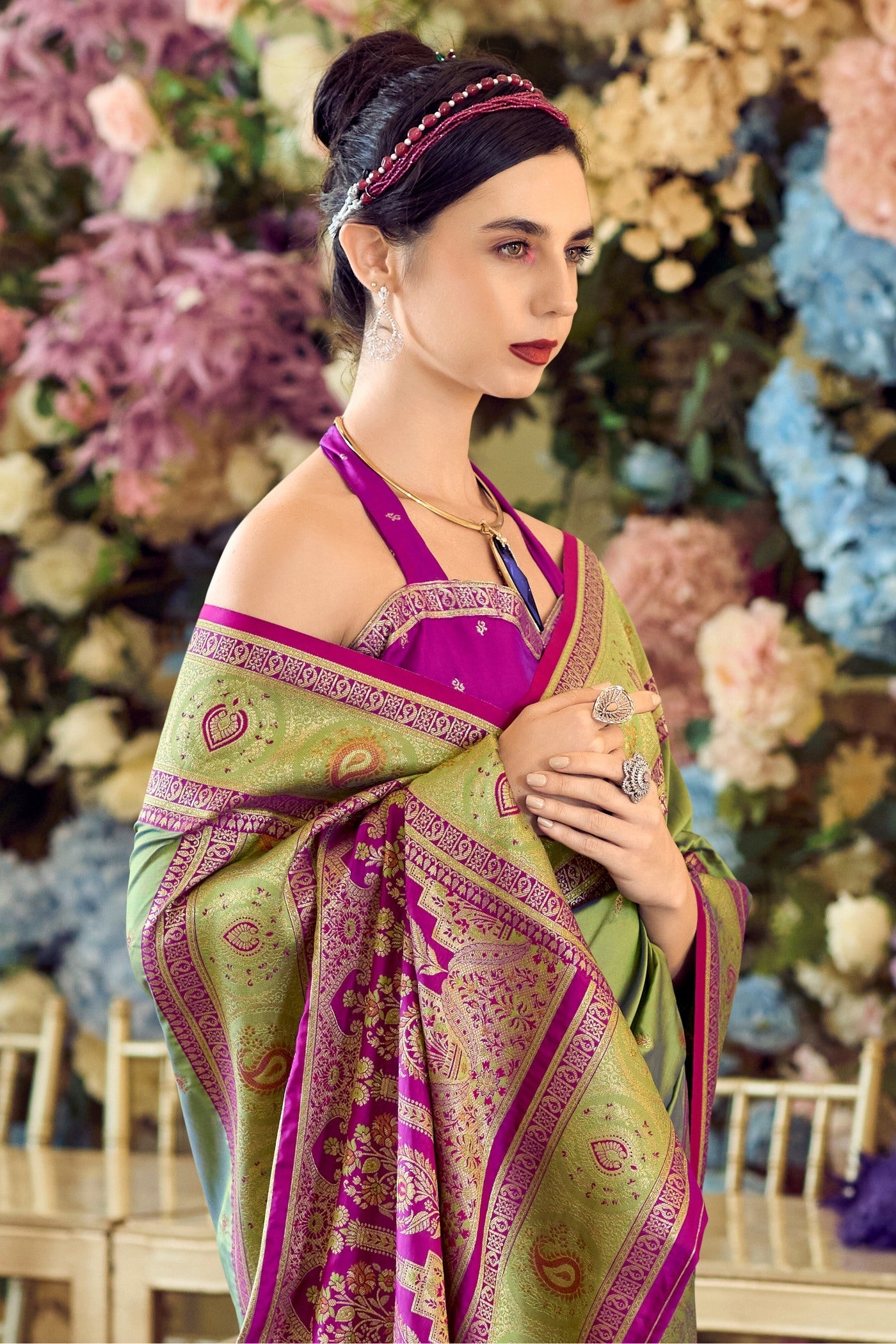 Avocado Green Woven Banarasi Soft Silk Saree