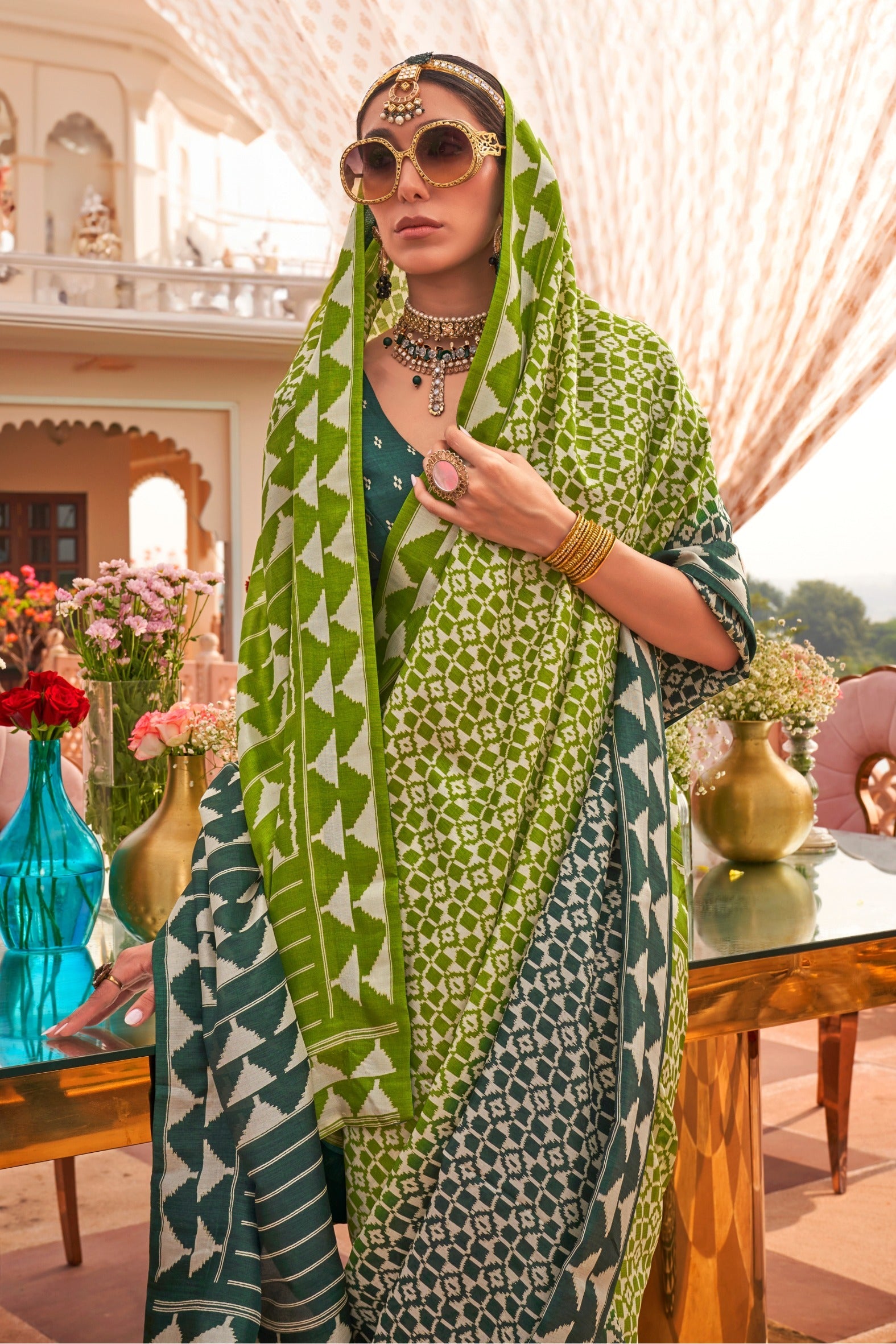 Lime Olive Green Printed Patola Saree