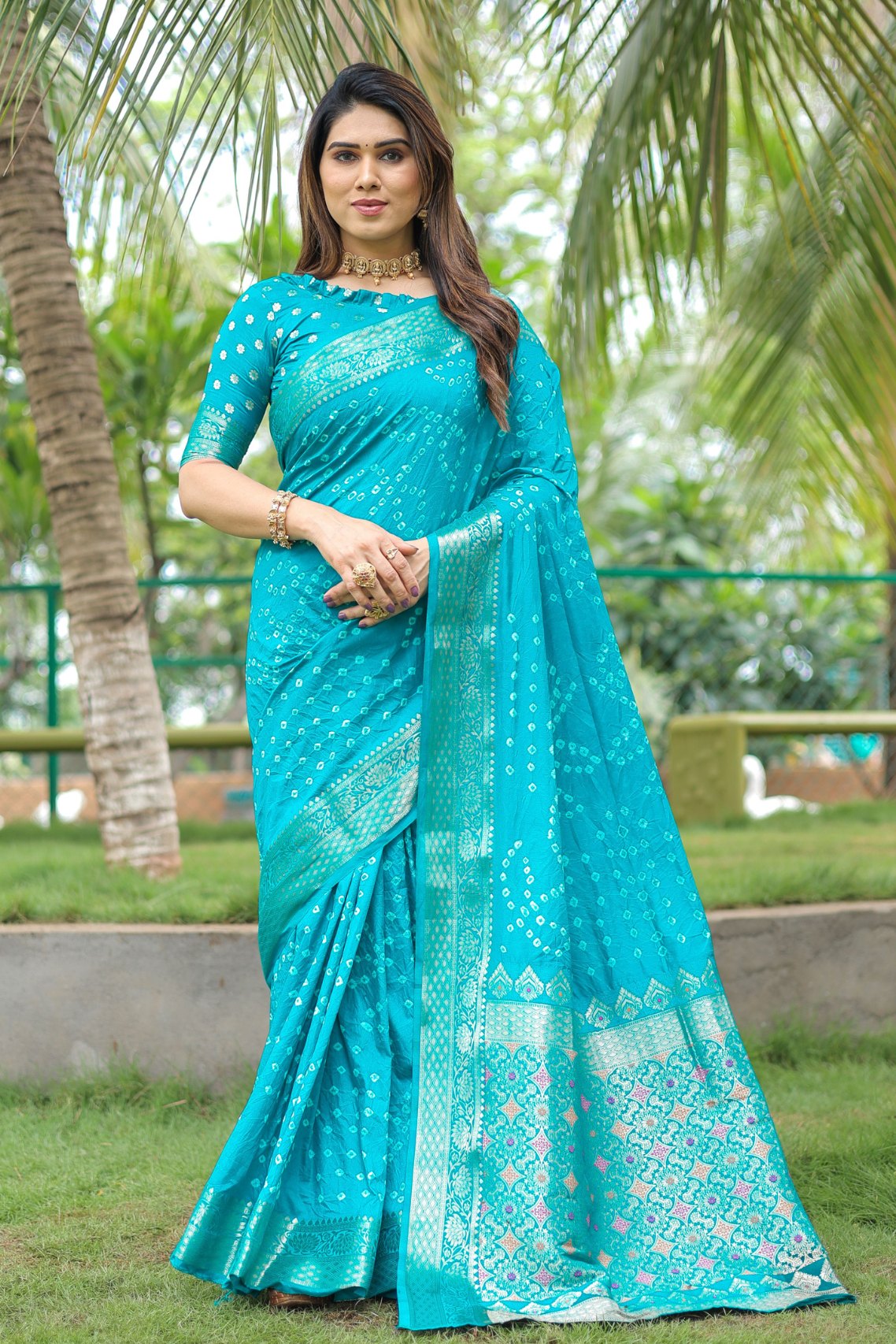 Bright Turquoise Blue Bandhani Dola Silk Saree