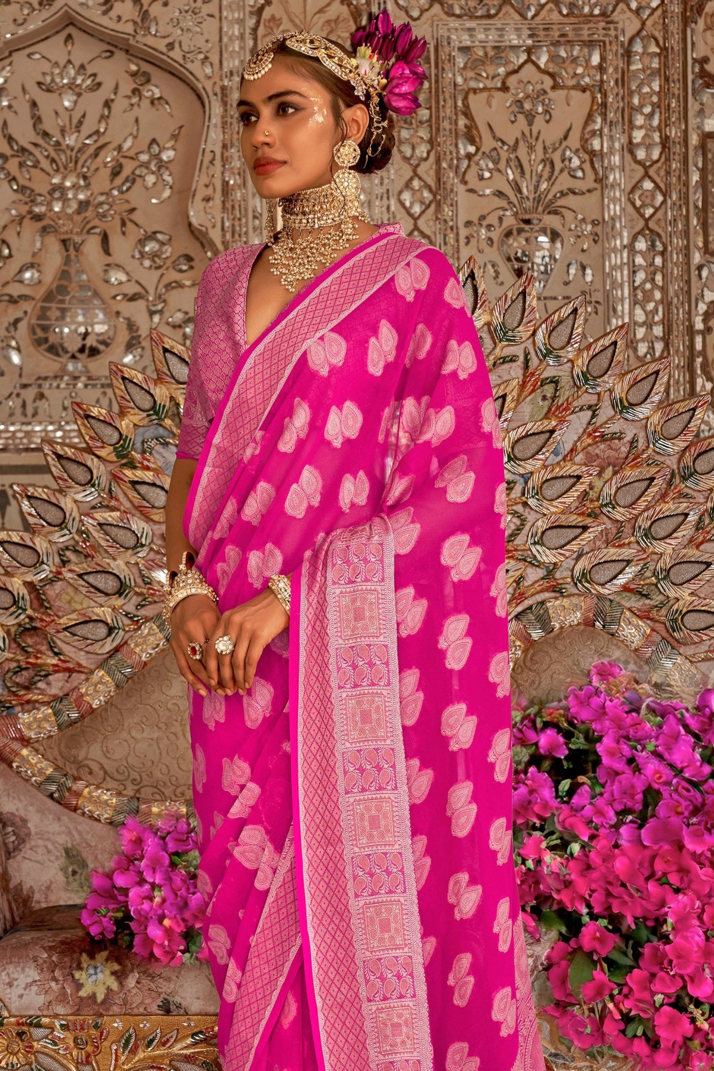 French Rose Pink Zari Woven Georgette Saree