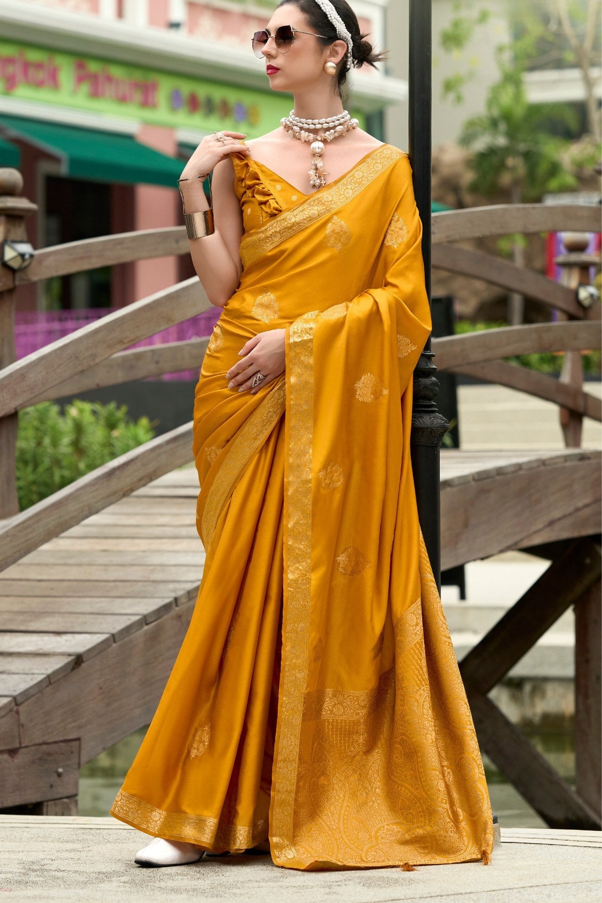 Brandy Punch Yellow Banarasi Handloom Satin Saree