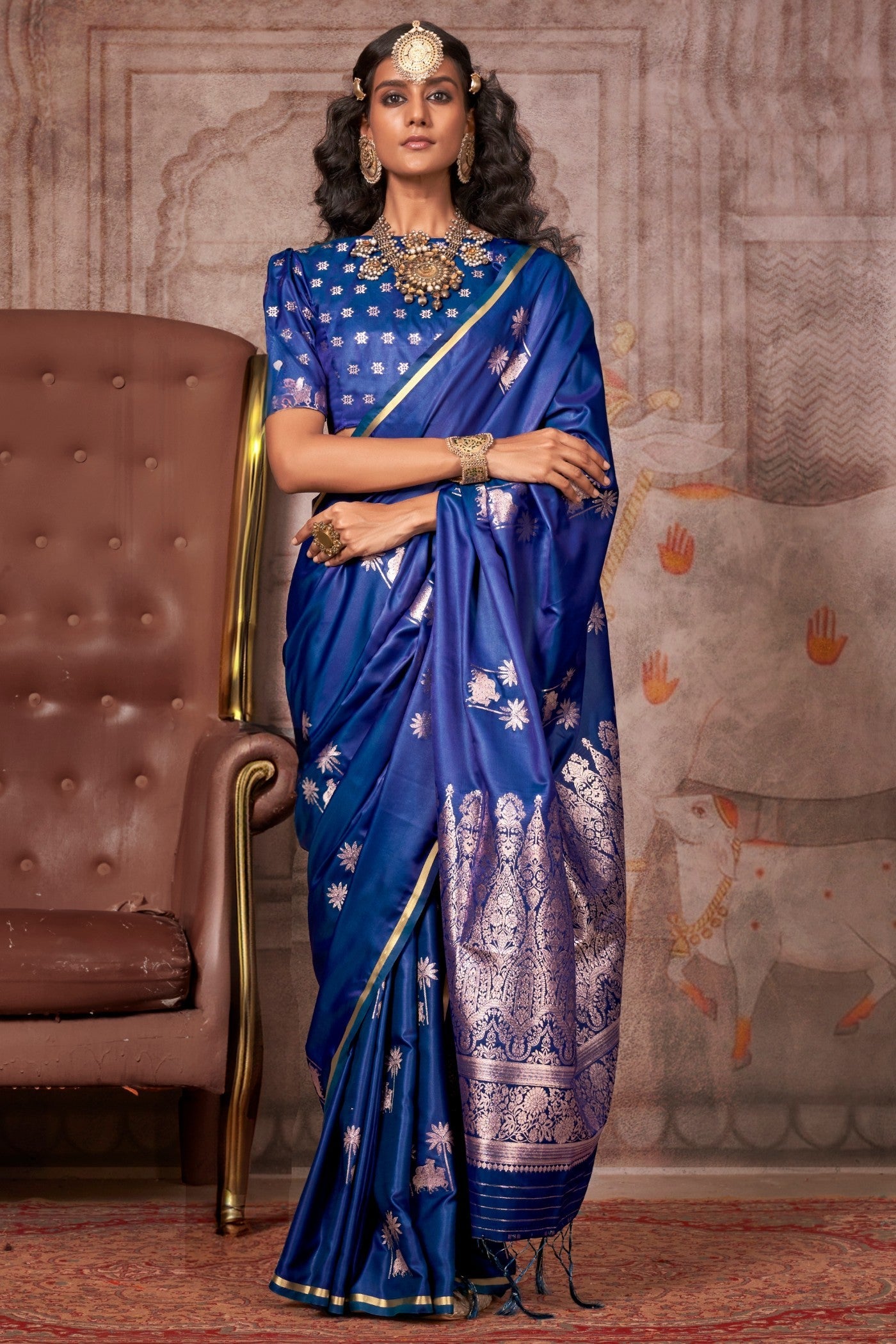 Azure Blue Banarasi Pichwai Satin Saree