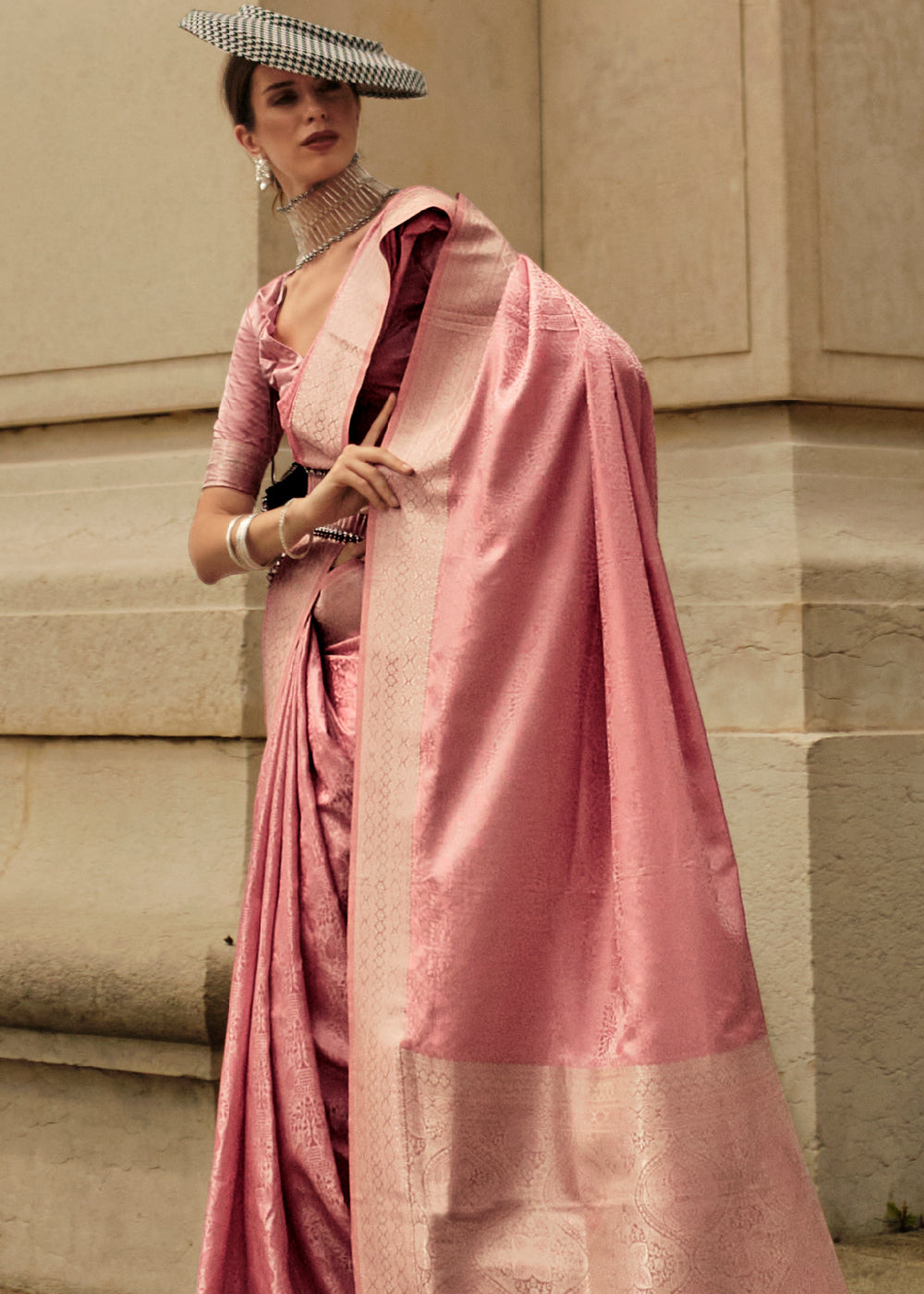 Tonys Peach Woven Banarasi Satin Silk Saree