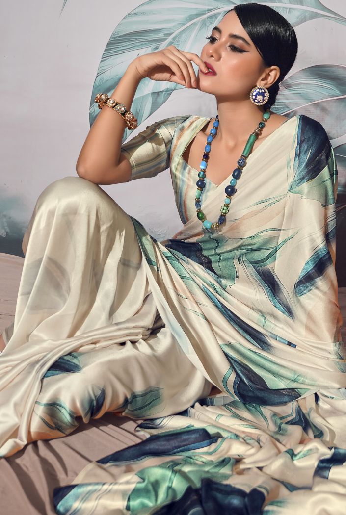 Bone Cream and Green Printed Satin Silk Saree