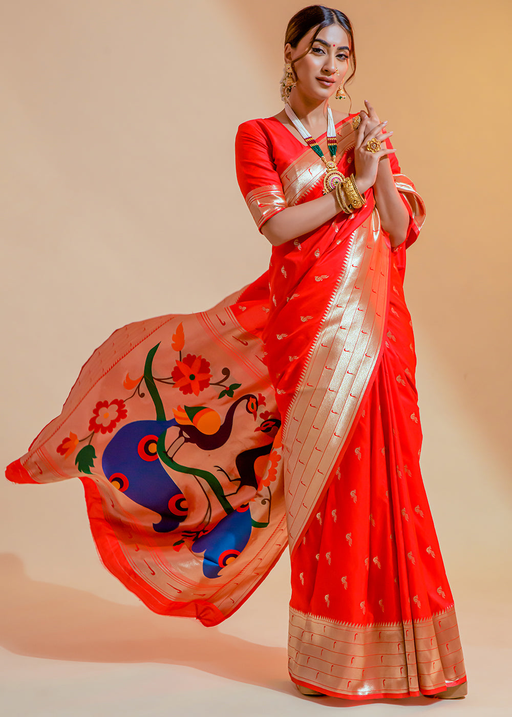 Orange Red Woven Paithani Silk Saree