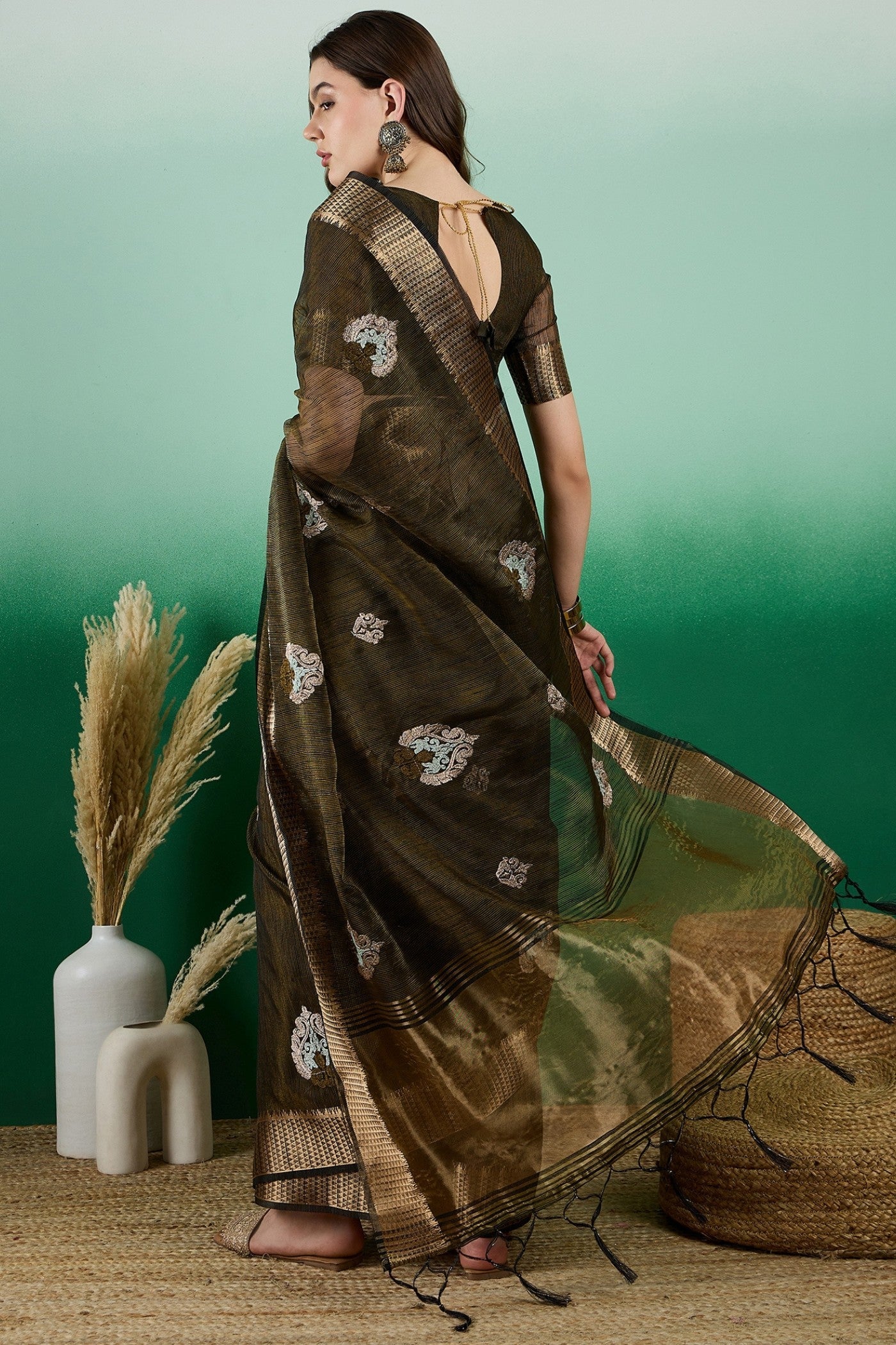 Mehndi Green Khadi Organza Saree