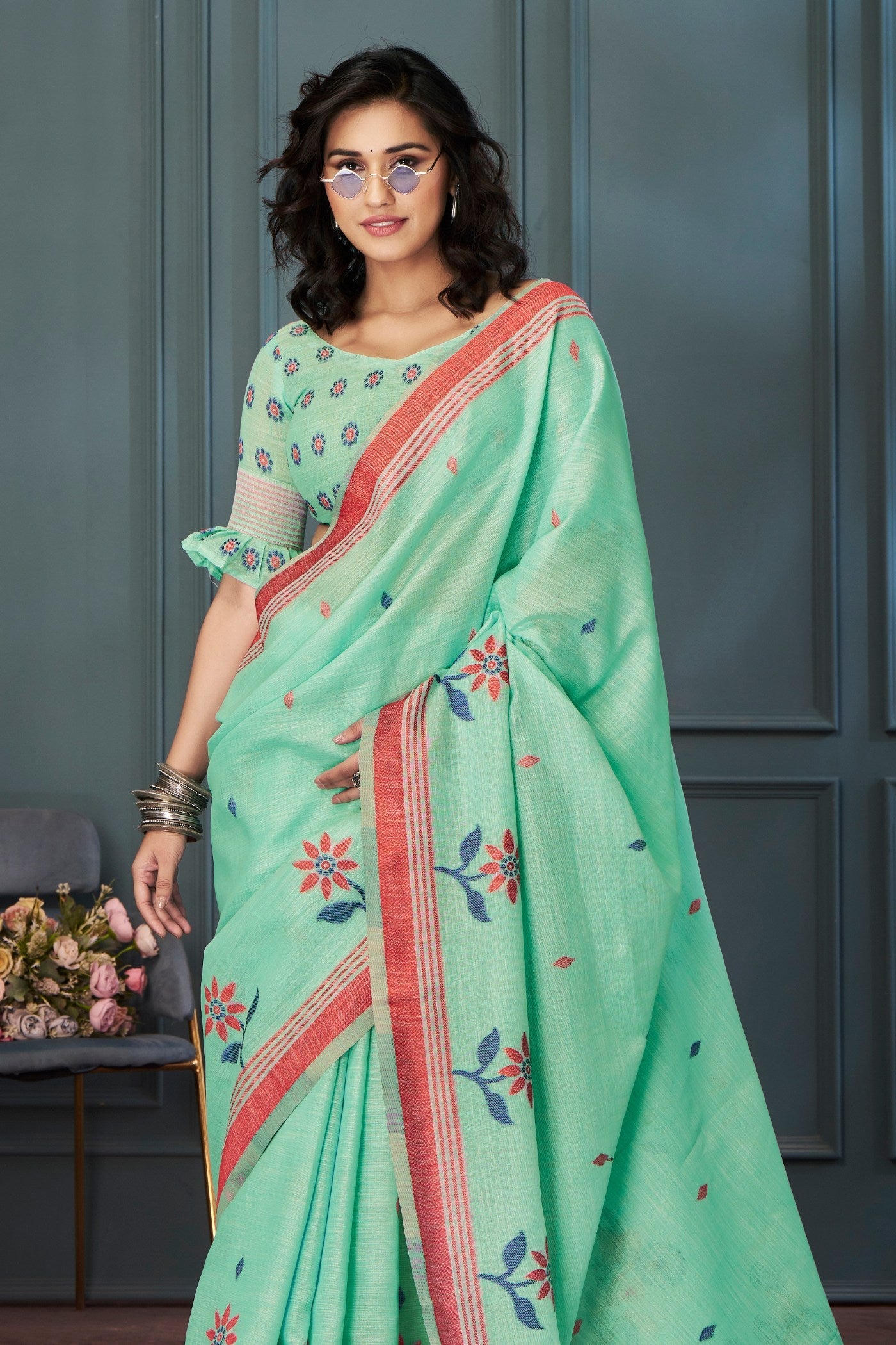 Vista Green Handloom Linen Saree