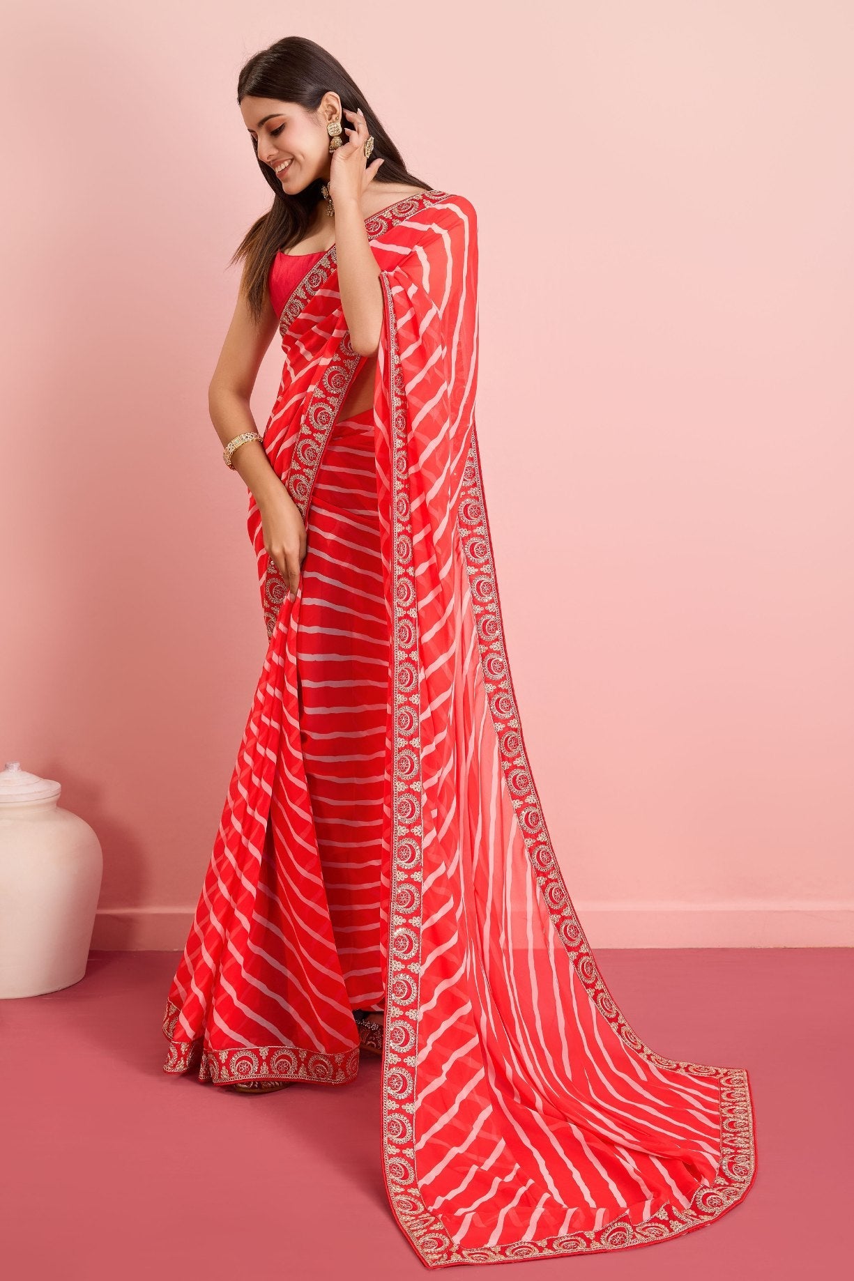 Monza Red Georgette Lehriya Silk saree