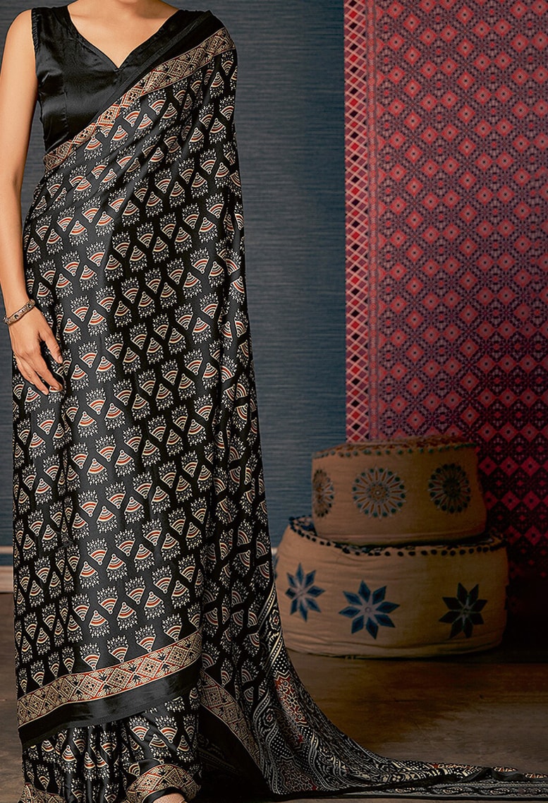 Onyx Black Digital Printed Ajrakh Satin Crepe Saree