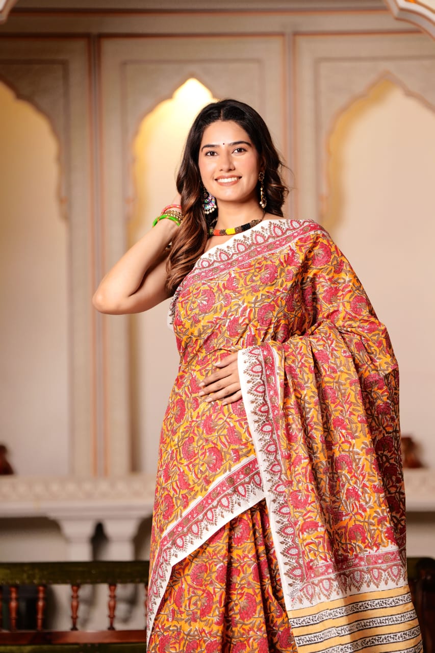 Tan Orange Pure Cotton Handblock Printed Saree