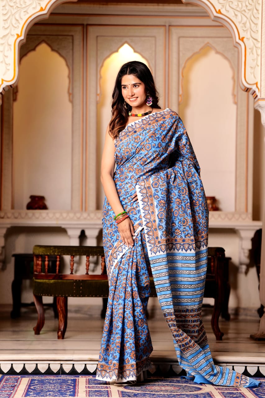 Hoki Blue Pure Cotton Handblock Printed Saree