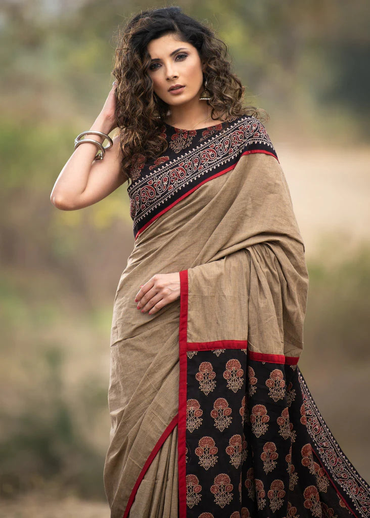 Beige Color Kalamkari Printed Pure Linen Saree